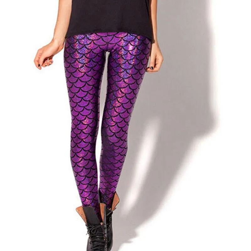 Women Shine Fish Scale Mermaid Printed Leggings Slim High Waist Pencil Pants