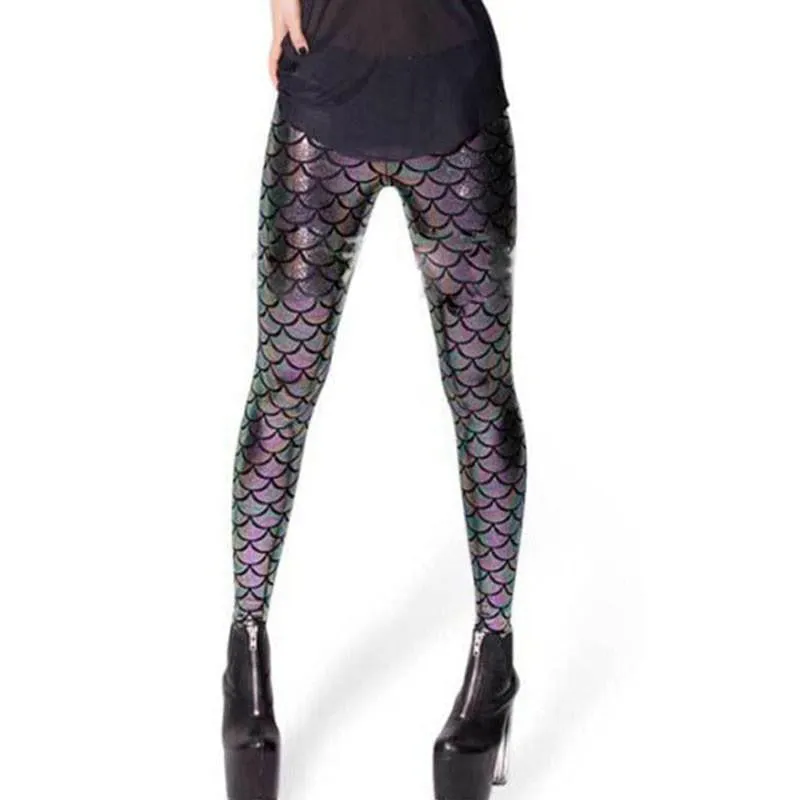Women Shine Fish Scale Mermaid Printed Leggings Slim High Waist Pencil Pants
