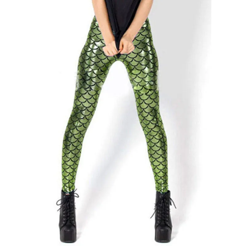 Women Shine Fish Scale Mermaid Printed Leggings Slim High Waist Pencil Pants