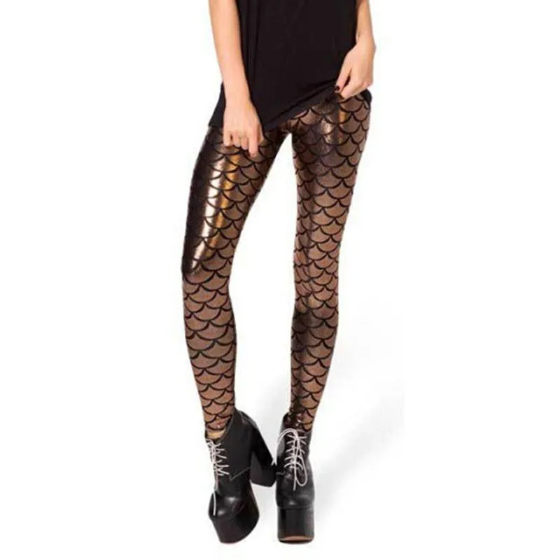 Women Shine Fish Scale Mermaid Printed Leggings Slim High Waist Pencil Pants