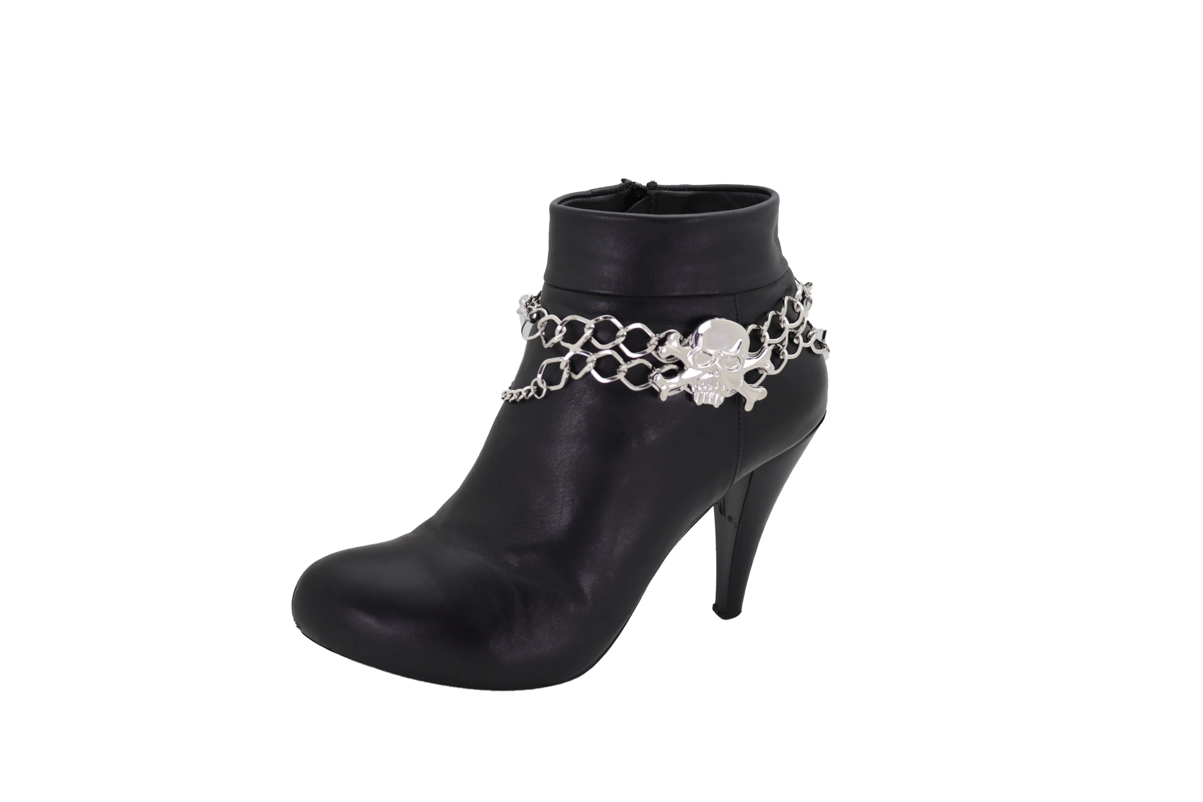 Women Silver Chain Bracelet Boot Shoe Bling Anklet Skeleton Charm Skull Western Style