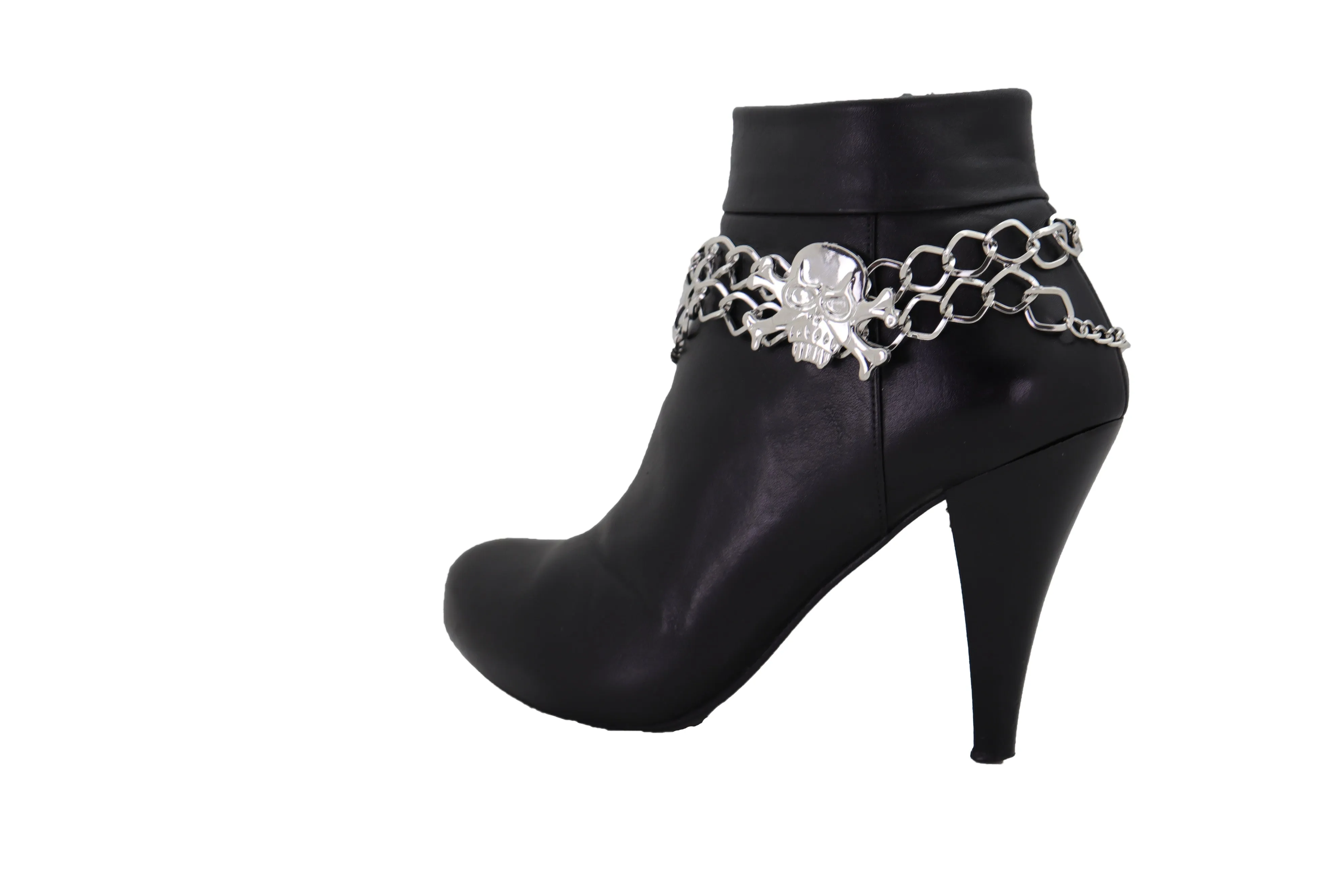 Women Silver Chain Bracelet Boot Shoe Bling Anklet Skeleton Charm Skull Western Style