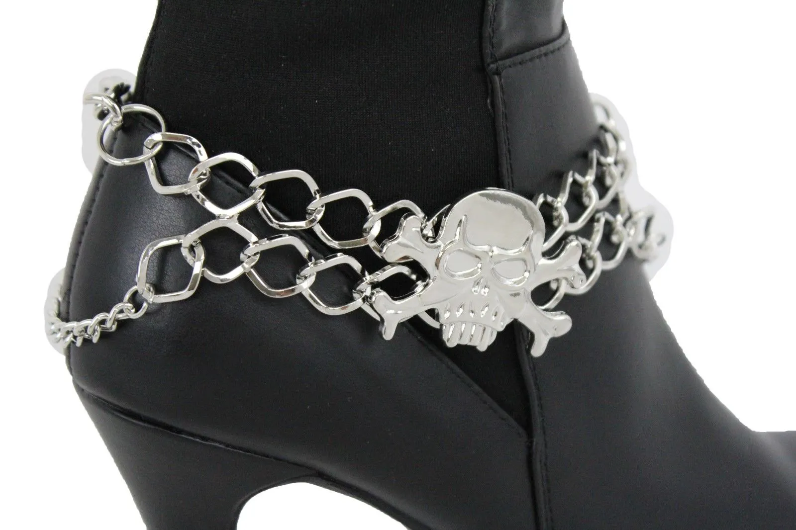 Women Silver Chain Bracelet Boot Shoe Bling Anklet Skeleton Charm Skull Western Style