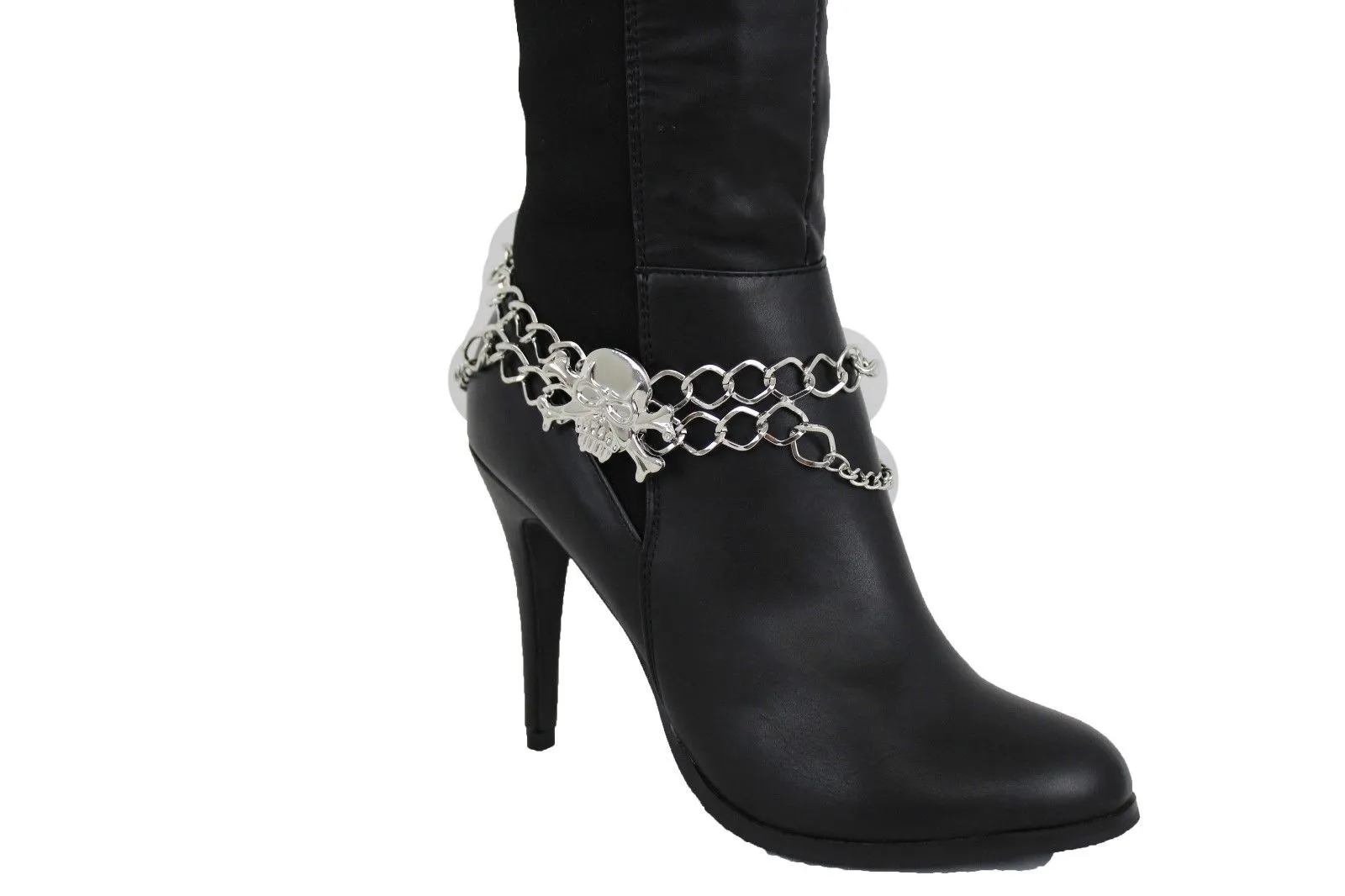 Women Silver Chain Bracelet Boot Shoe Bling Anklet Skeleton Charm Skull Western Style