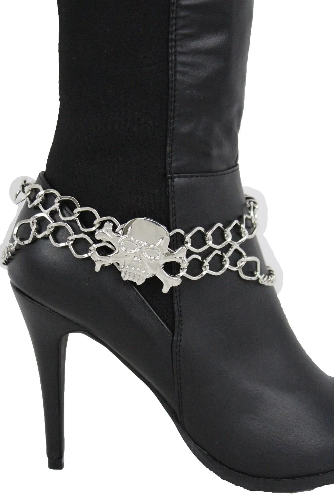 Women Silver Chain Bracelet Boot Shoe Bling Anklet Skeleton Charm Skull Western Style