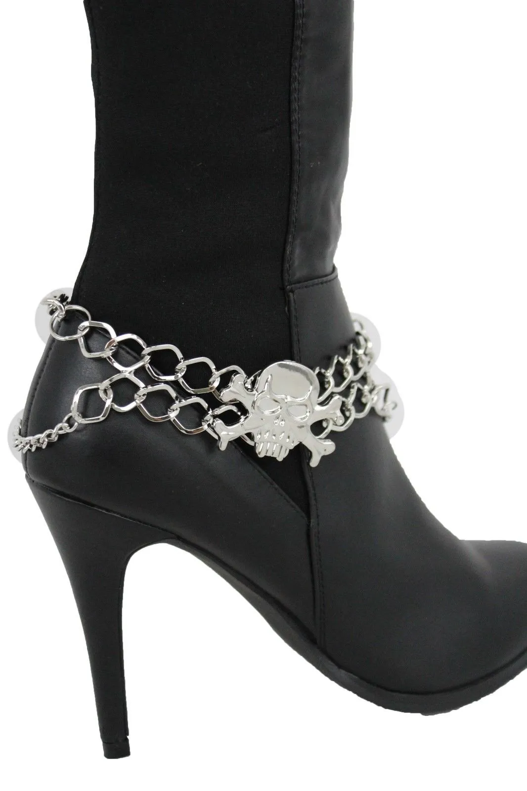 Women Silver Chain Bracelet Boot Shoe Bling Anklet Skeleton Charm Skull Western Style