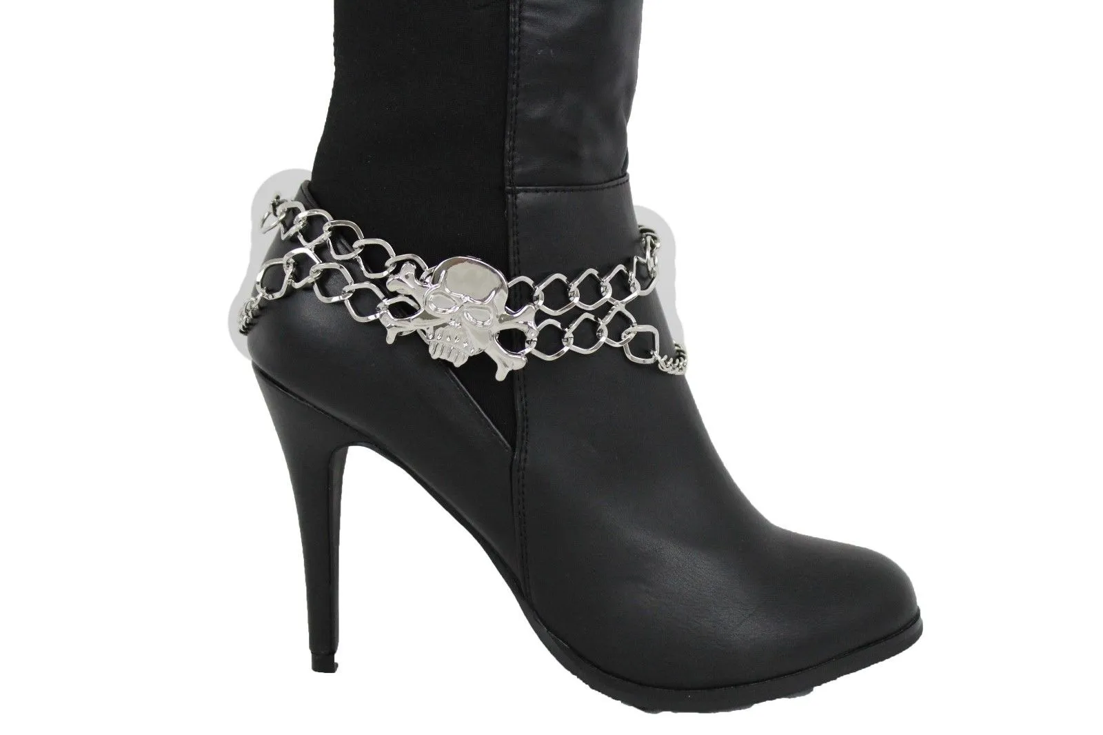Women Silver Chain Bracelet Boot Shoe Bling Anklet Skeleton Charm Skull Western Style