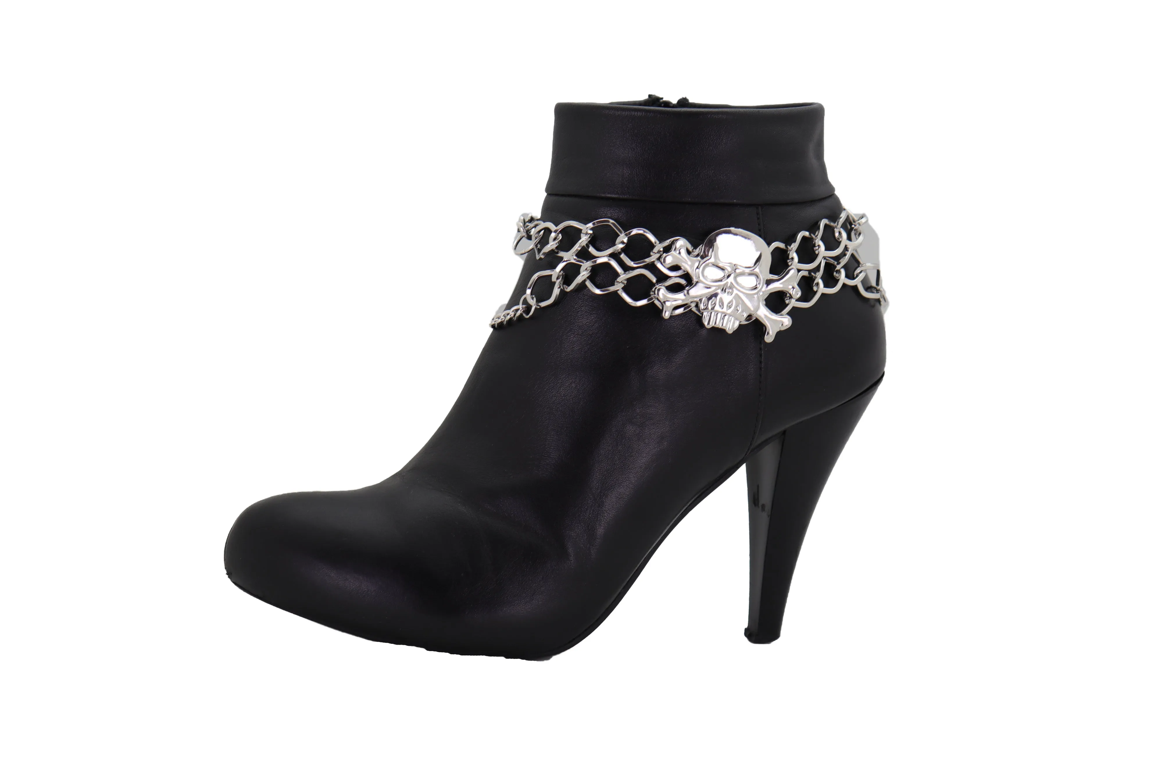Women Silver Chain Bracelet Boot Shoe Bling Anklet Skeleton Charm Skull Western Style