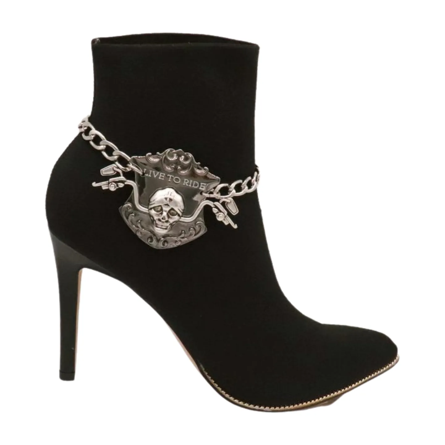 Women Silver Metal Chain Links Boot Bracelet Shoe LIVE TO RIDE Charm