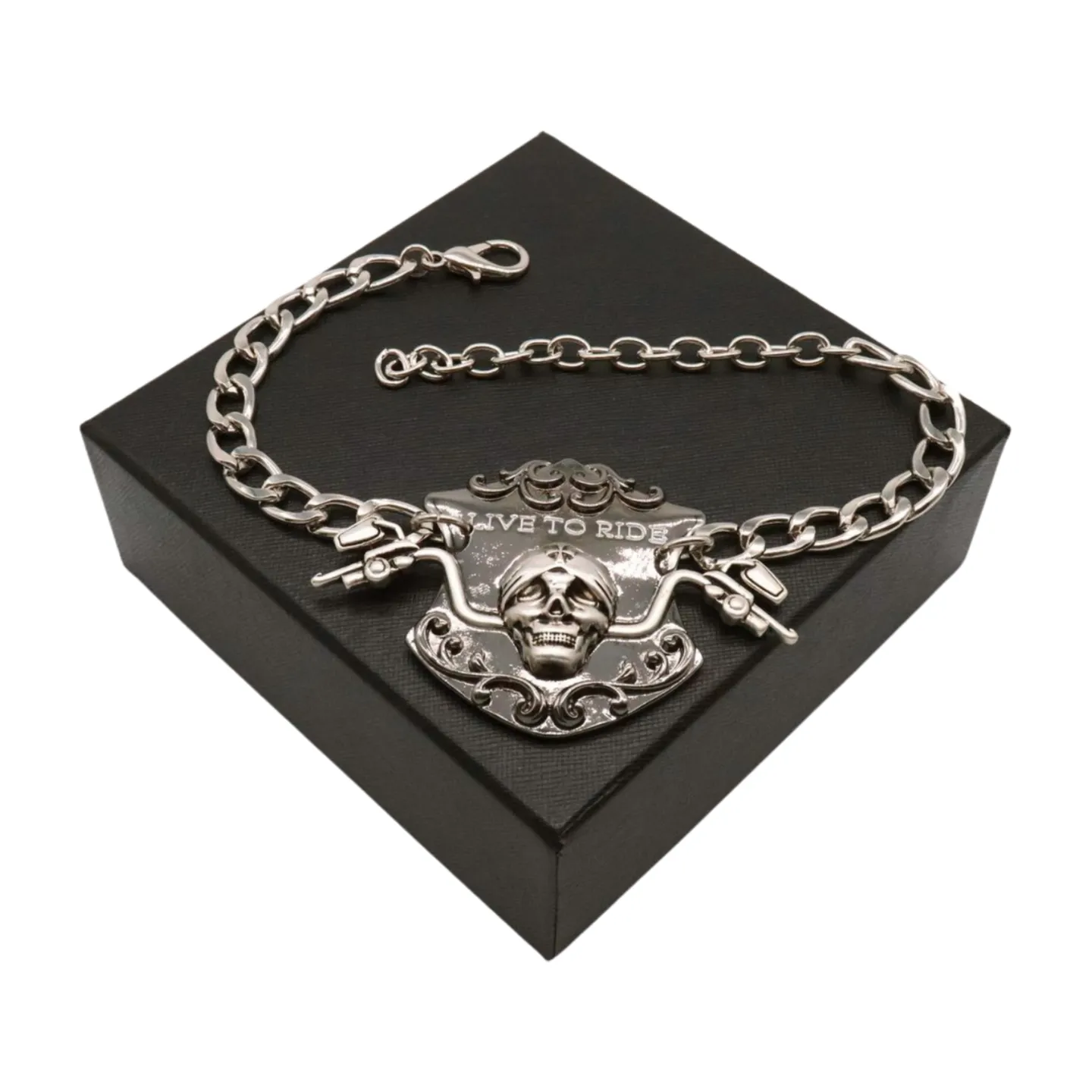 Women Silver Metal Chain Links Boot Bracelet Shoe LIVE TO RIDE Charm