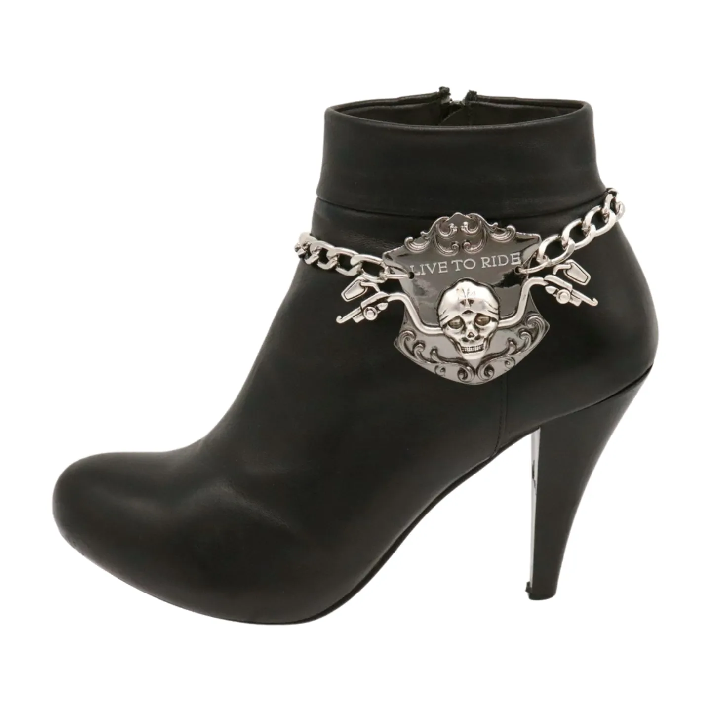 Women Silver Metal Chain Links Boot Bracelet Shoe LIVE TO RIDE Charm