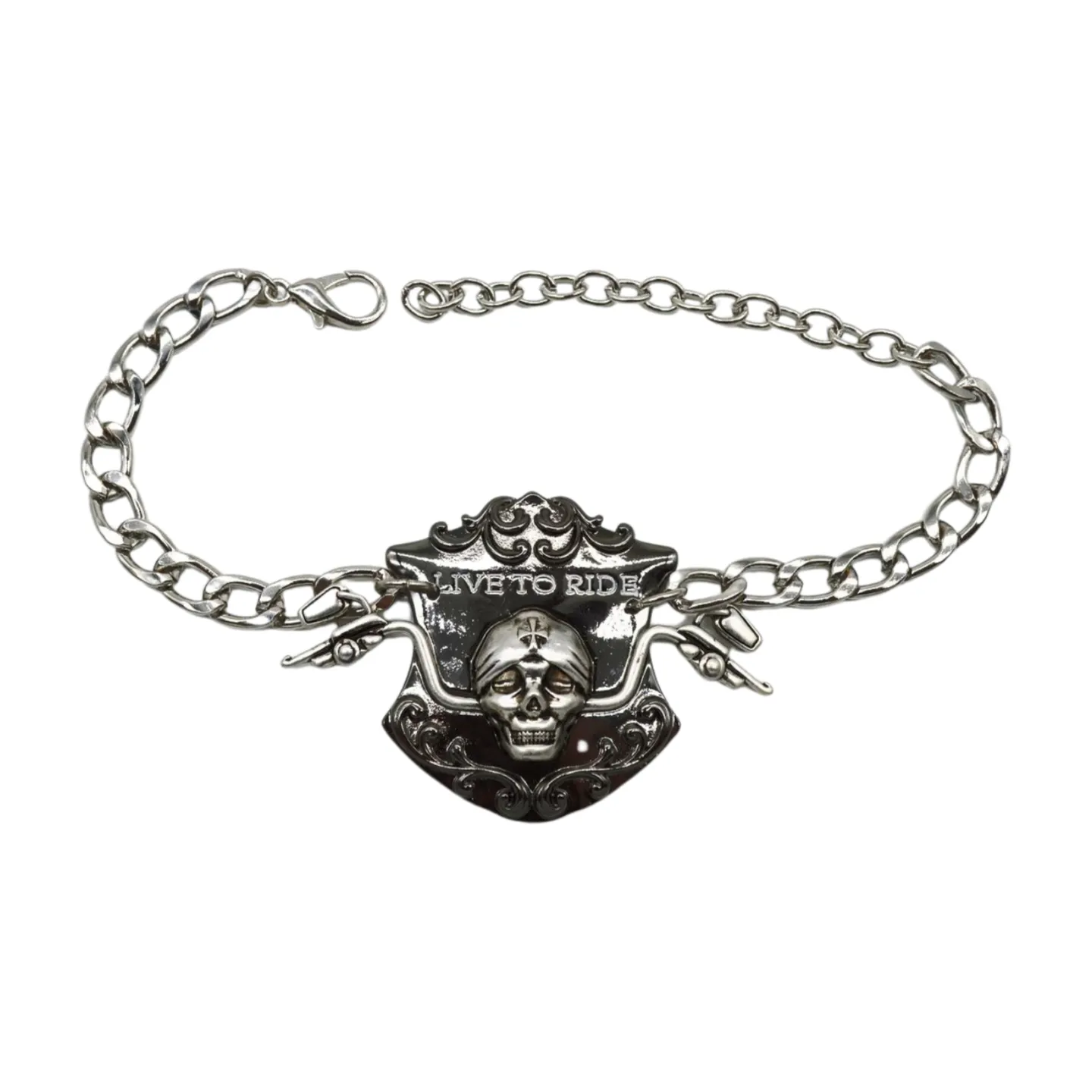 Women Silver Metal Chain Links Boot Bracelet Shoe LIVE TO RIDE Charm
