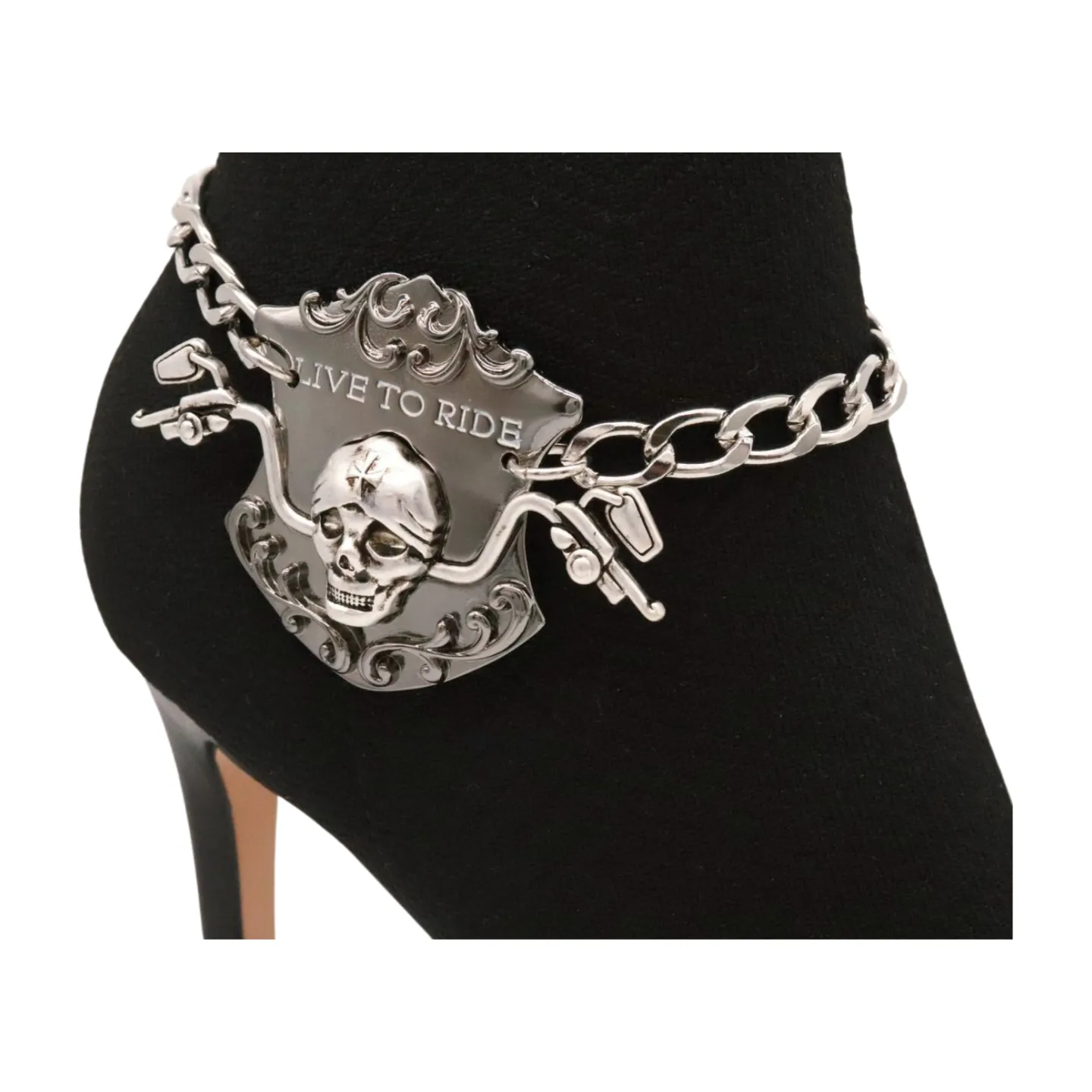 Women Silver Metal Chain Links Boot Bracelet Shoe LIVE TO RIDE Charm