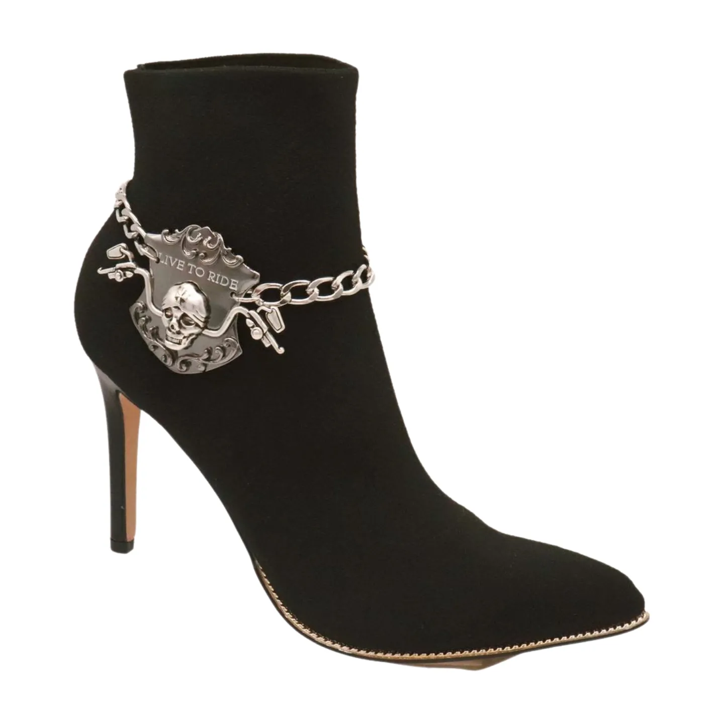 Women Silver Metal Chain Links Boot Bracelet Shoe LIVE TO RIDE Charm