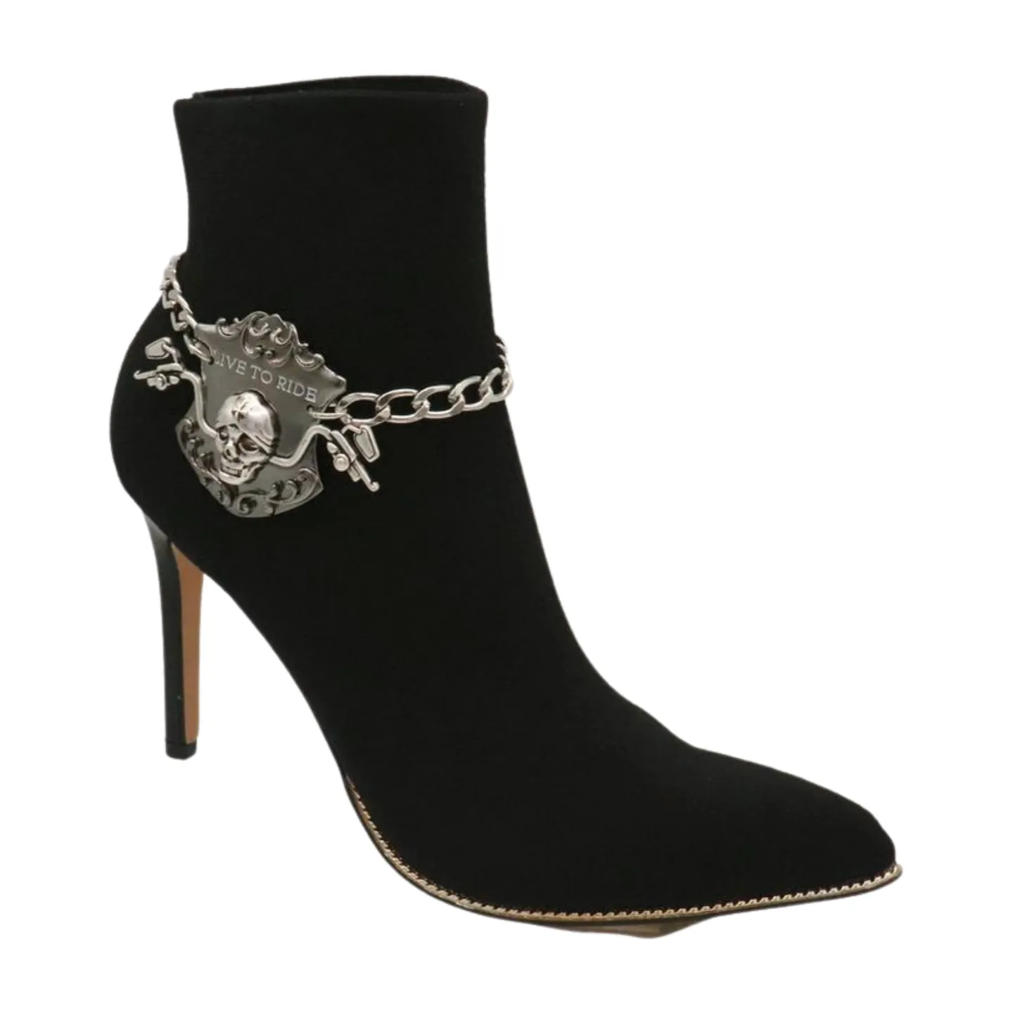Women Silver Metal Chain Links Boot Bracelet Shoe LIVE TO RIDE Charm