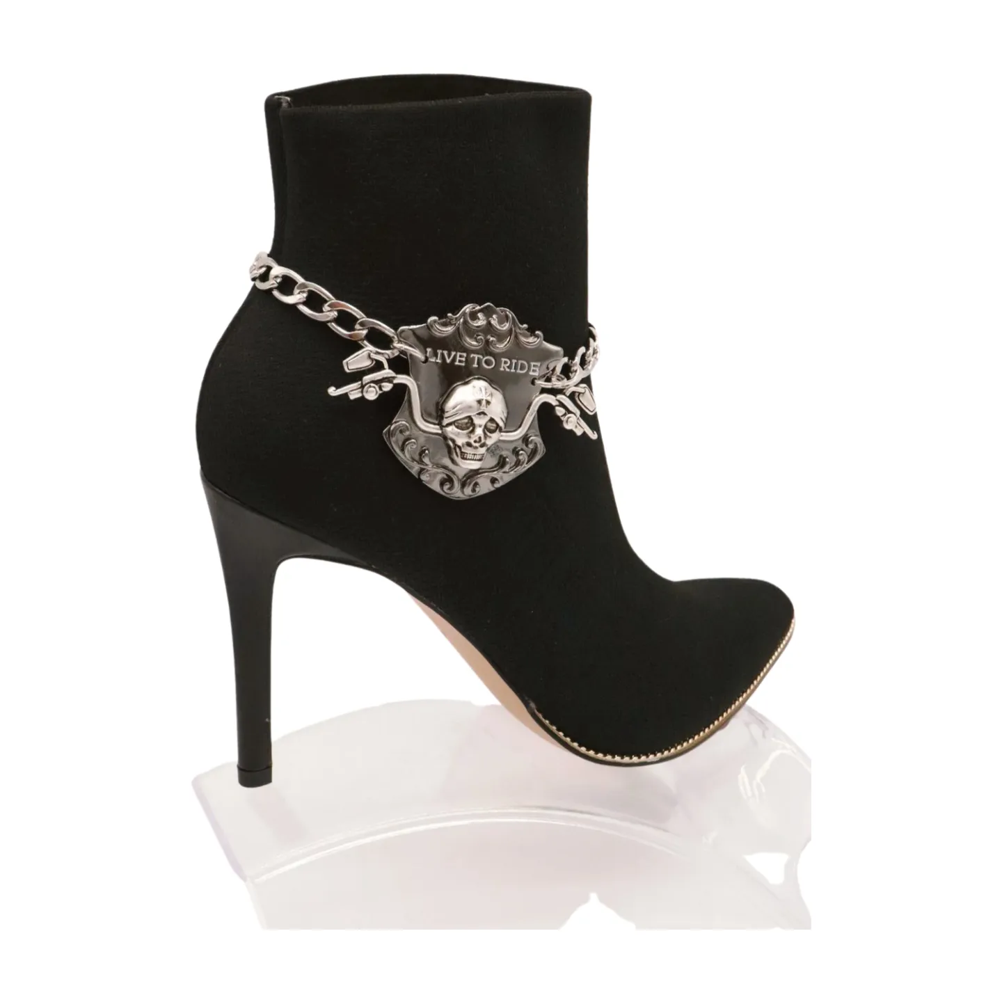Women Silver Metal Chain Links Boot Bracelet Shoe LIVE TO RIDE Charm