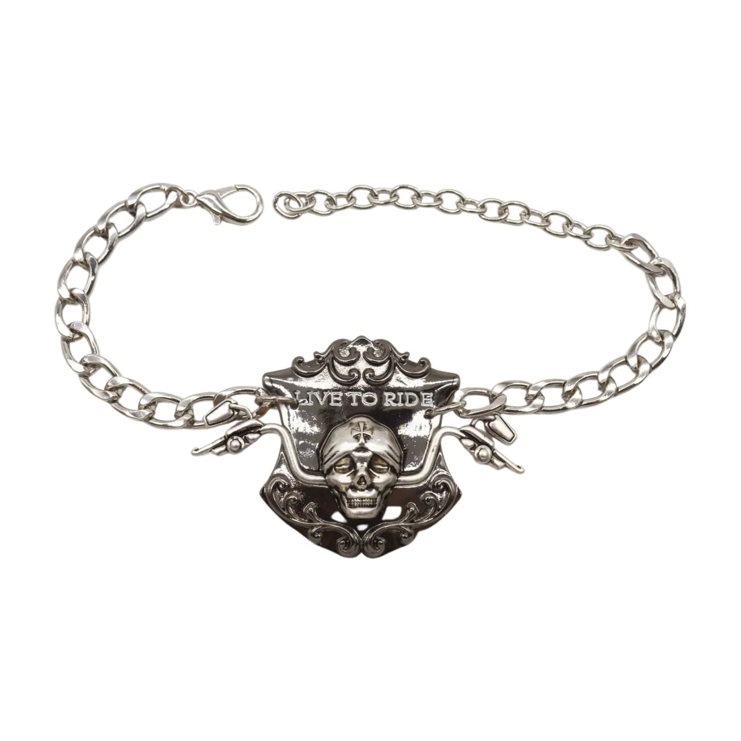 Women Silver Metal Chain Links Boot Bracelet Shoe LIVE TO RIDE Charm