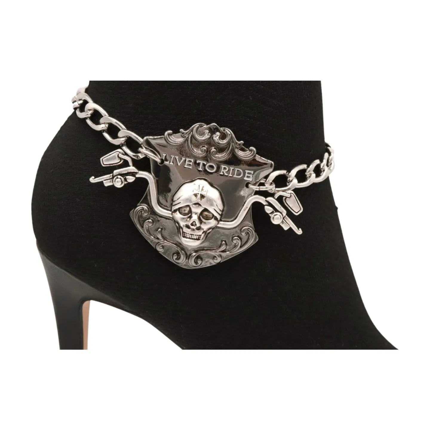 Women Silver Metal Chain Links Boot Bracelet Shoe LIVE TO RIDE Charm