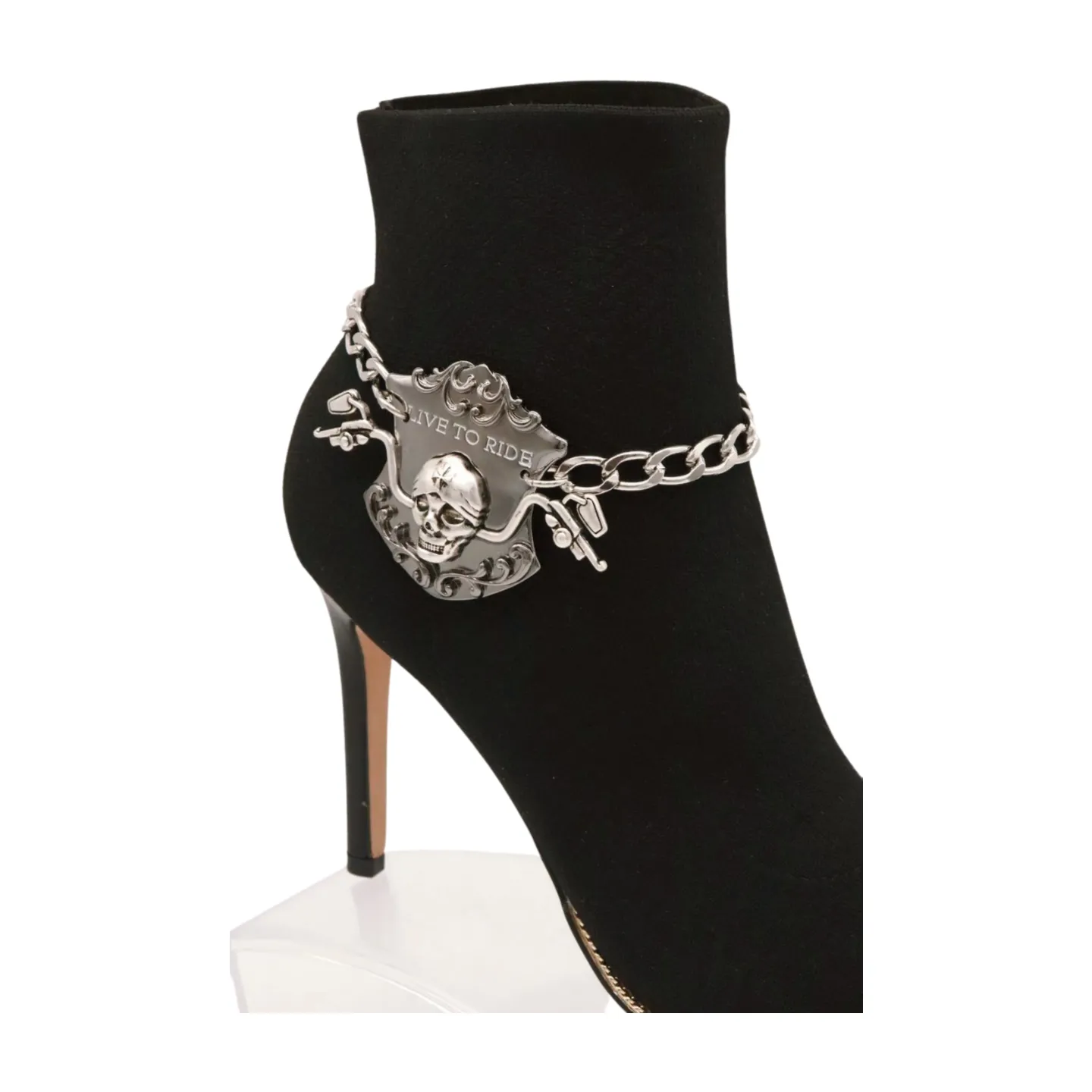 Women Silver Metal Chain Links Boot Bracelet Shoe LIVE TO RIDE Charm