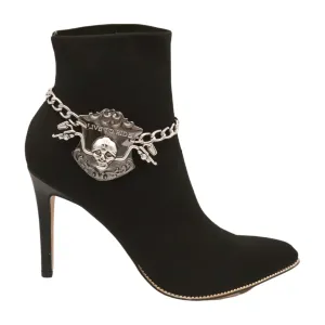 Women Silver Metal Chain Links Boot Bracelet Shoe LIVE TO RIDE Charm