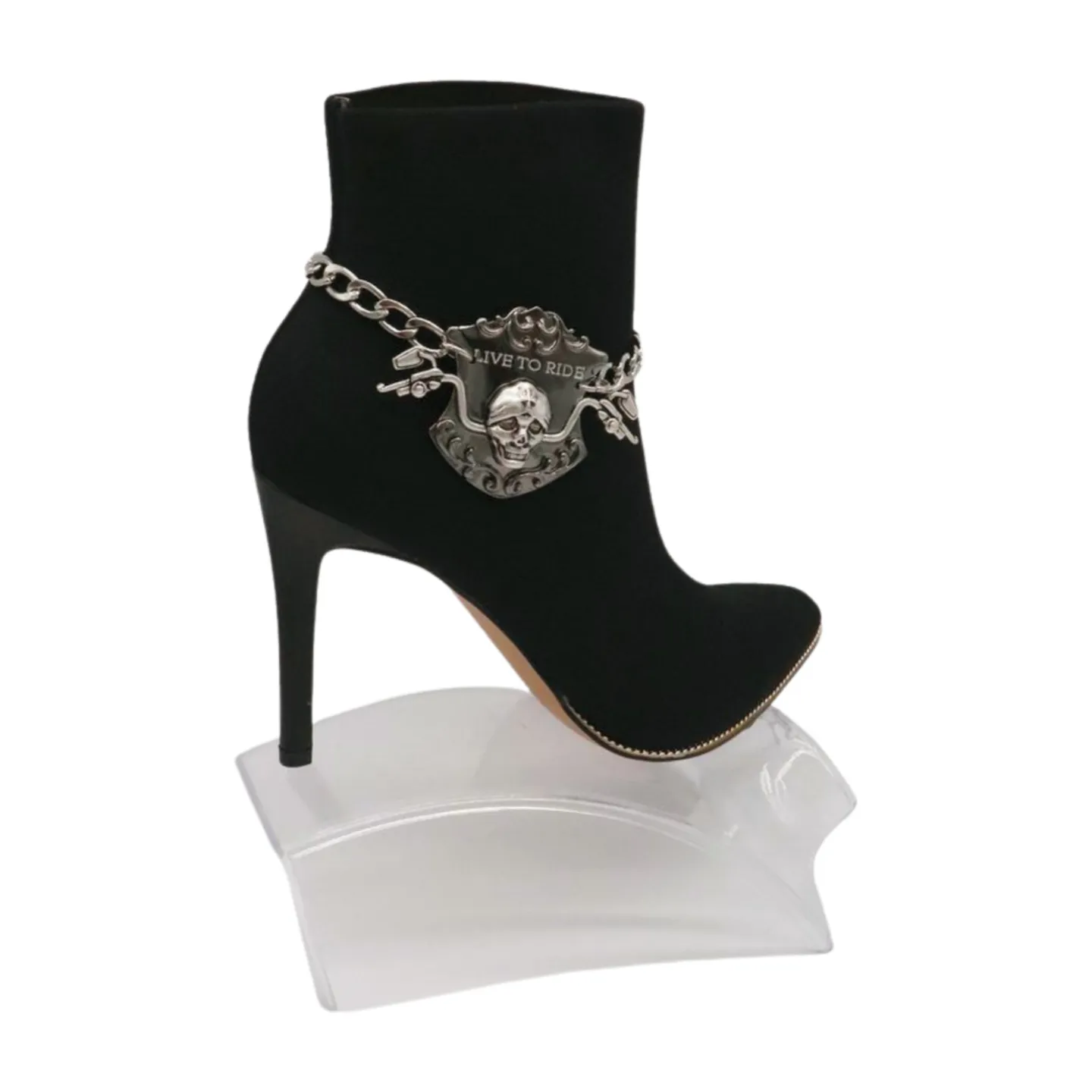 Women Silver Metal Chain Links Boot Bracelet Shoe LIVE TO RIDE Charm