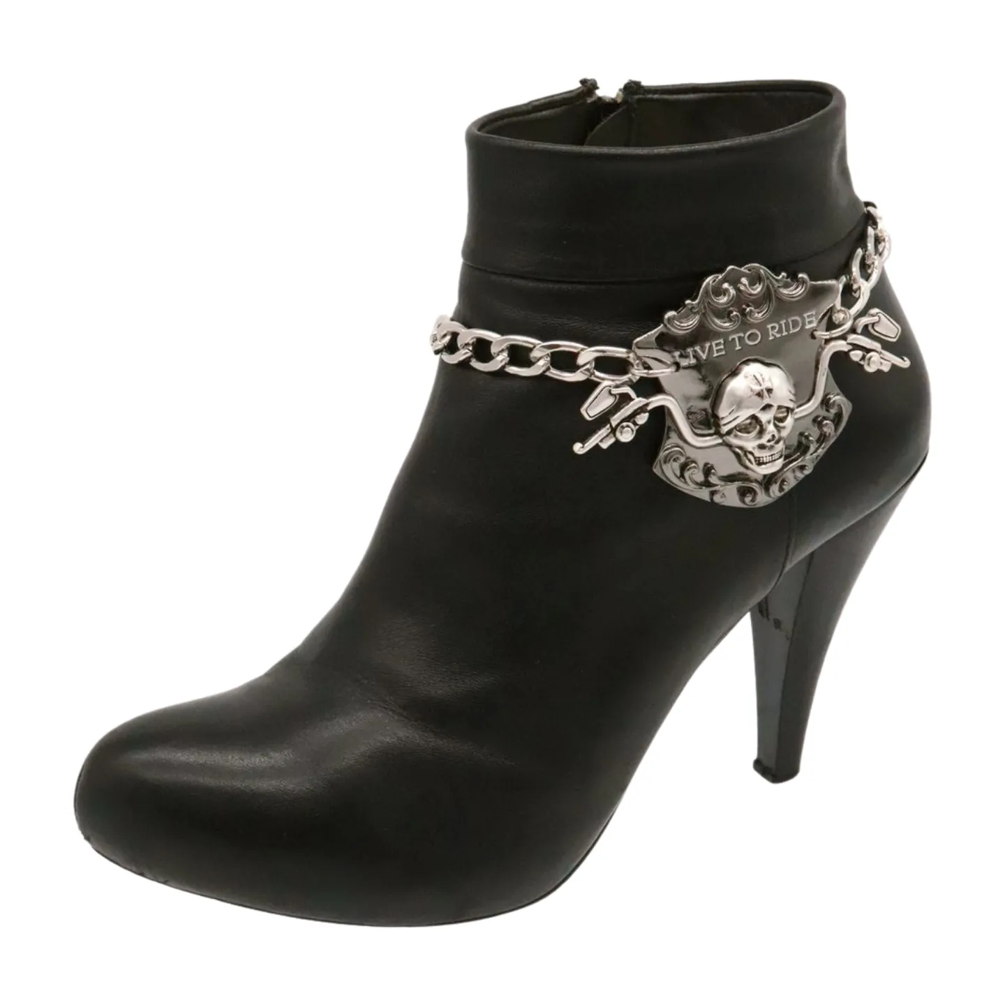 Women Silver Metal Chain Links Boot Bracelet Shoe LIVE TO RIDE Charm