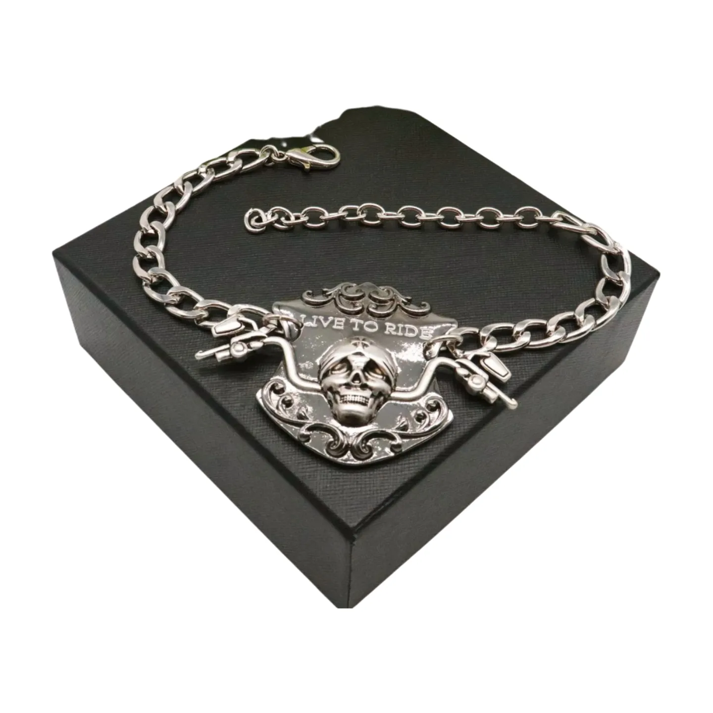 Women Silver Metal Chain Links Boot Bracelet Shoe LIVE TO RIDE Charm
