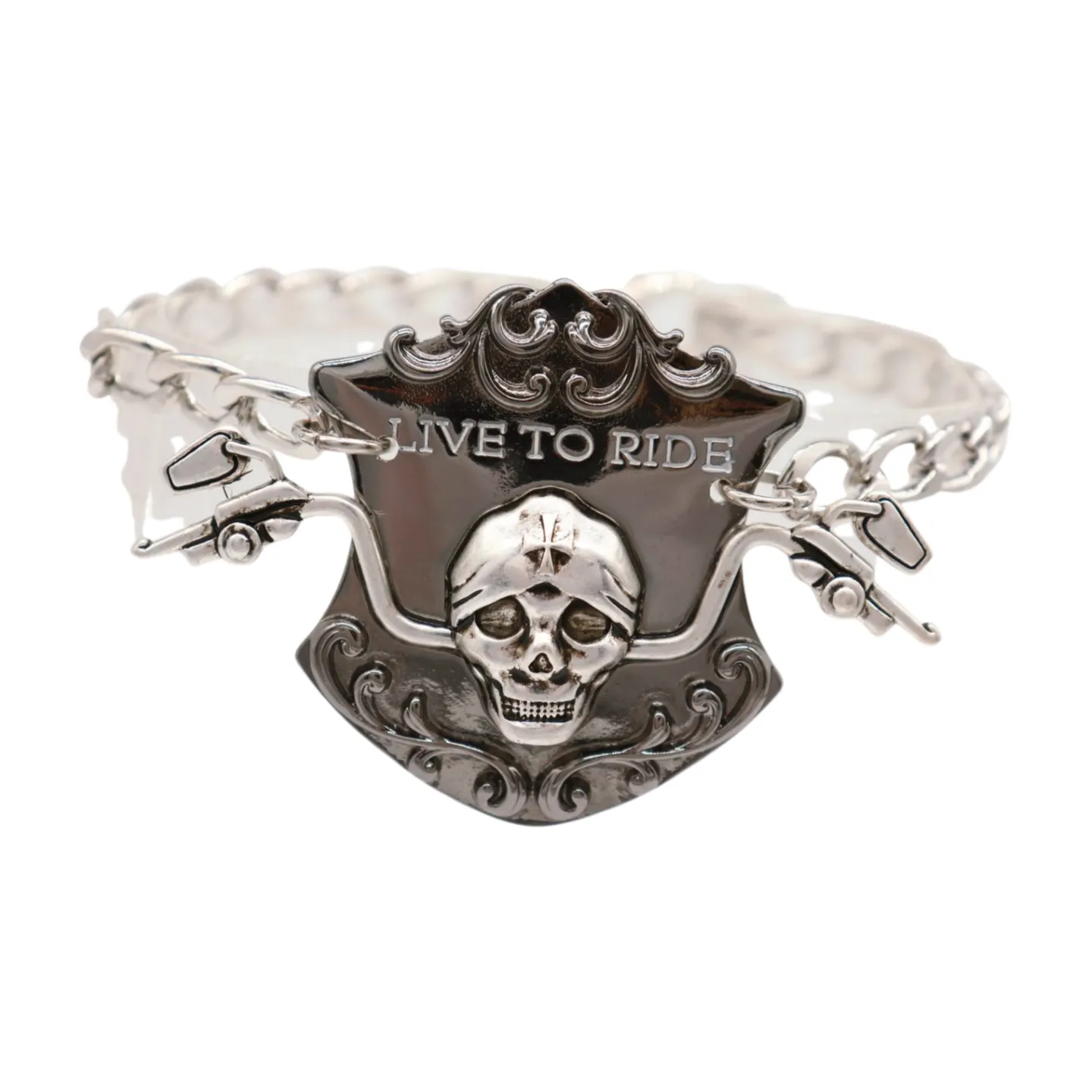 Women Silver Metal Chain Links Boot Bracelet Shoe LIVE TO RIDE Charm