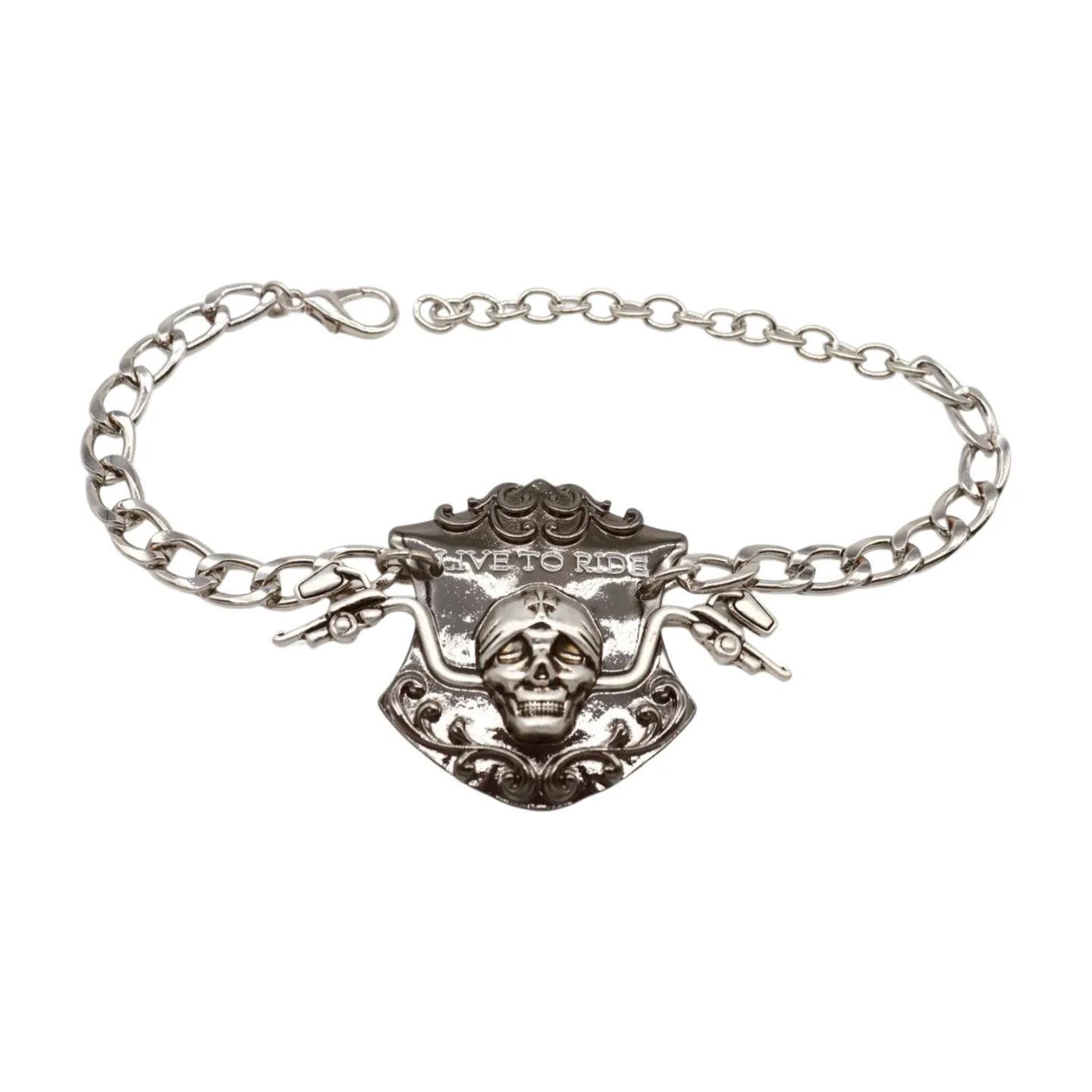 Women Silver Metal Chain Links Boot Bracelet Shoe LIVE TO RIDE Charm