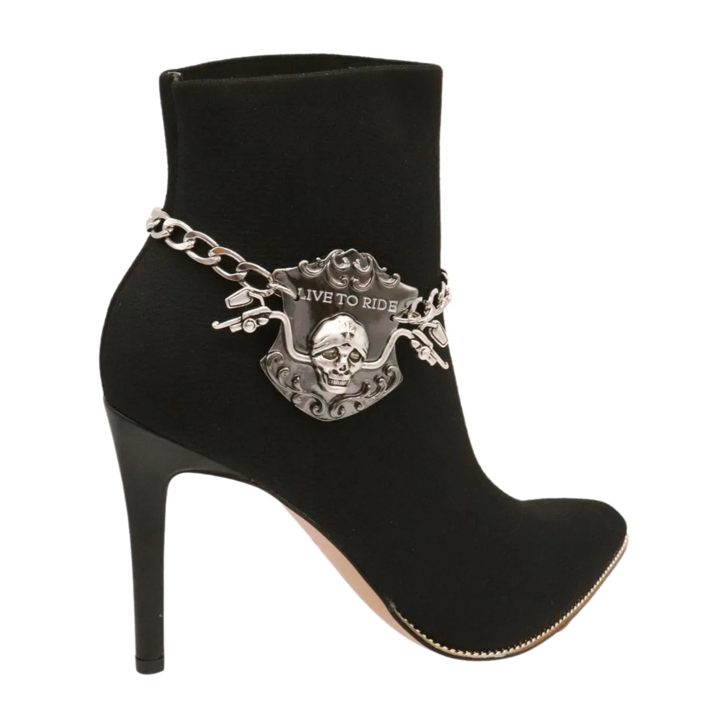 Women Silver Metal Chain Links Boot Bracelet Shoe LIVE TO RIDE Charm