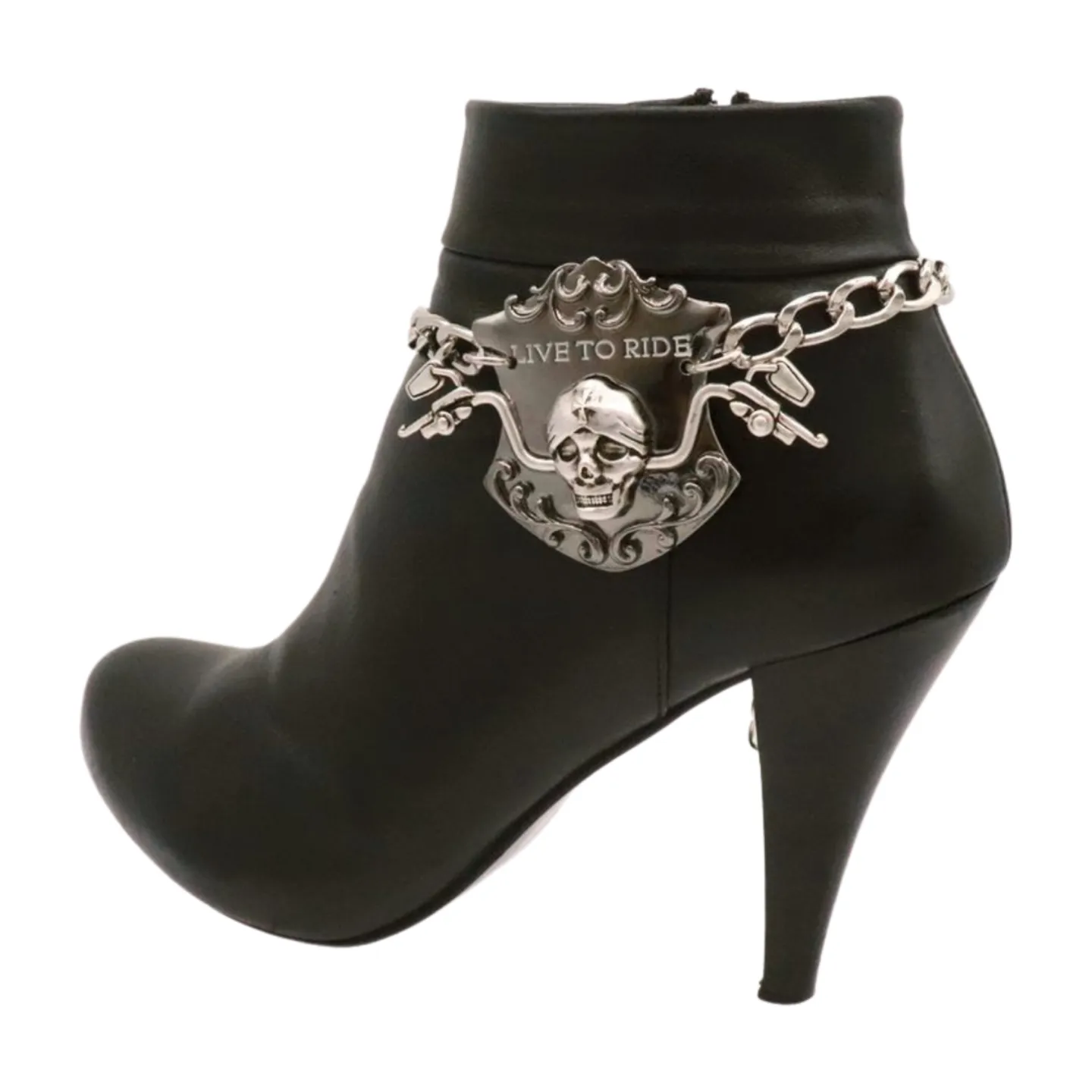 Women Silver Metal Chain Links Boot Bracelet Shoe LIVE TO RIDE Charm