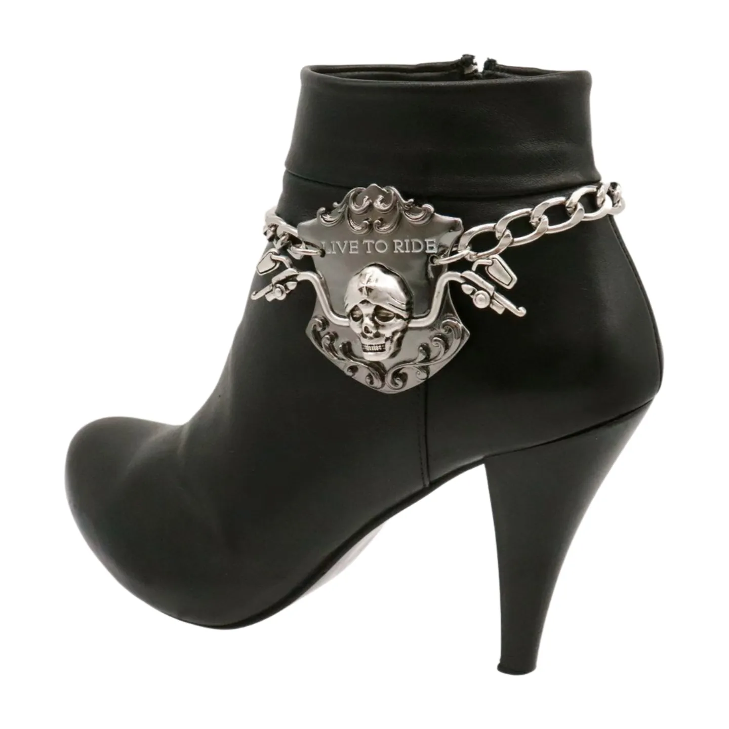 Women Silver Metal Chain Links Boot Bracelet Shoe LIVE TO RIDE Charm