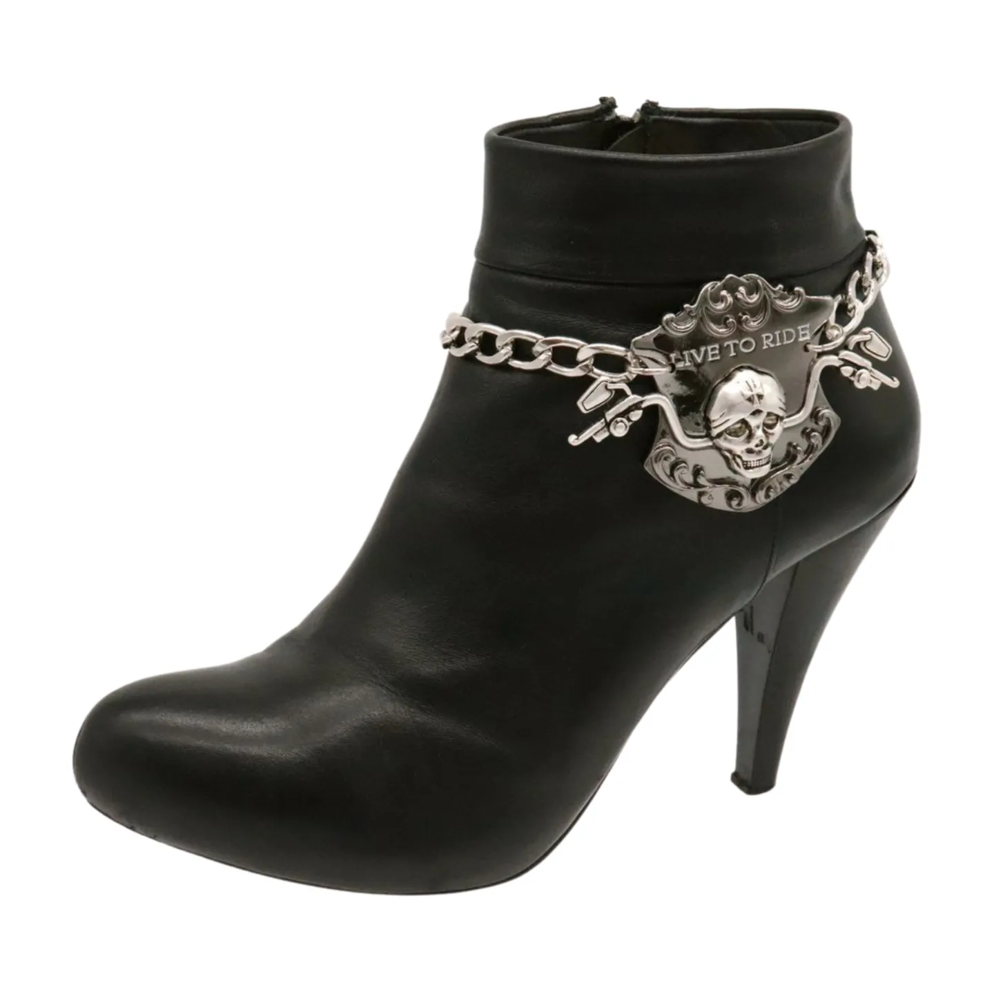 Women Silver Metal Chain Links Boot Bracelet Shoe LIVE TO RIDE Charm