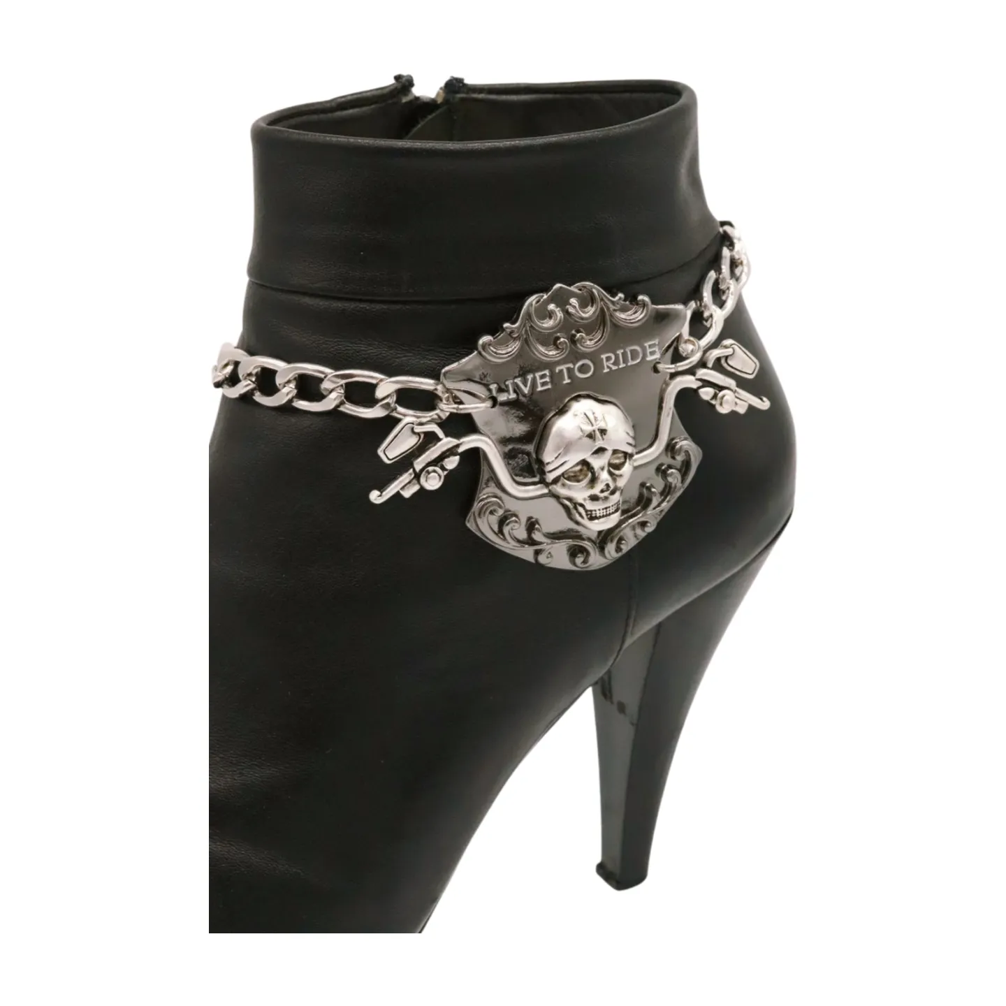 Women Silver Metal Chain Links Boot Bracelet Shoe LIVE TO RIDE Charm