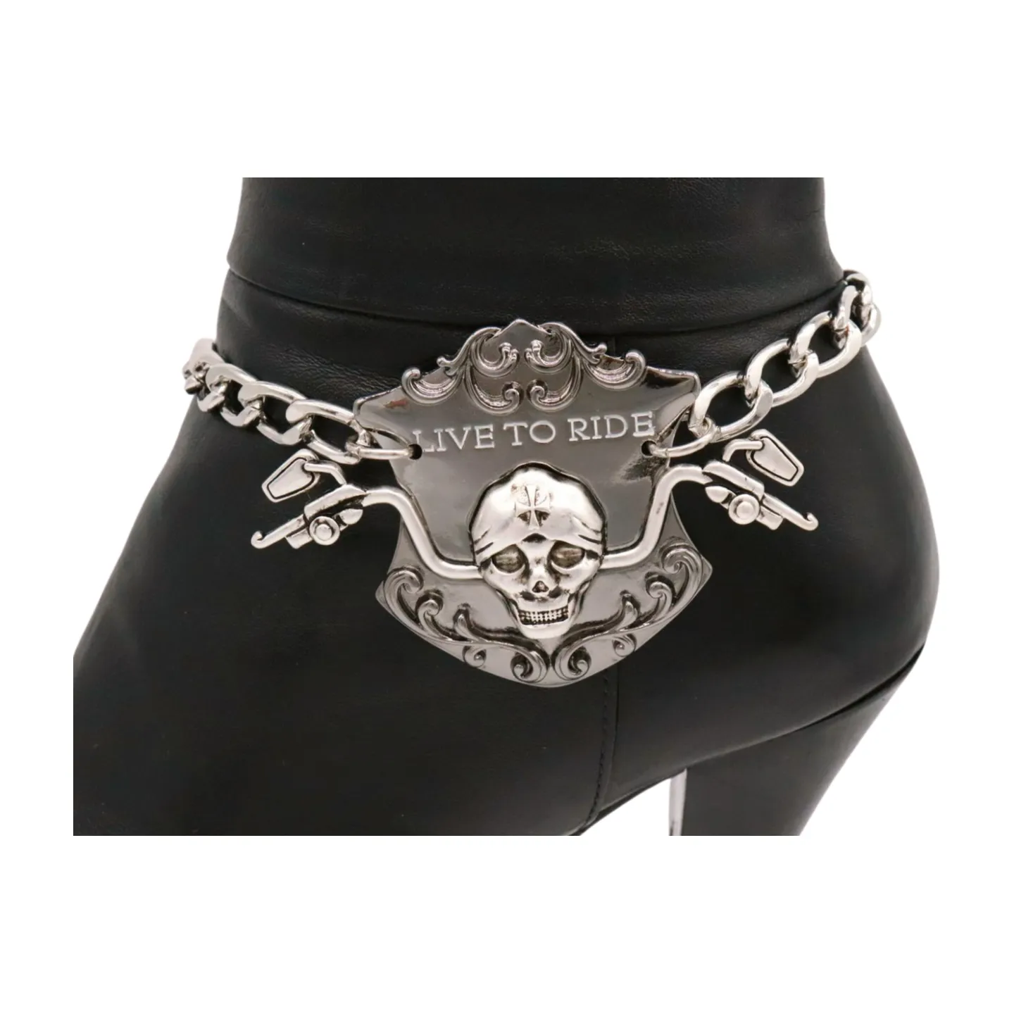Women Silver Metal Chain Links Boot Bracelet Shoe LIVE TO RIDE Charm