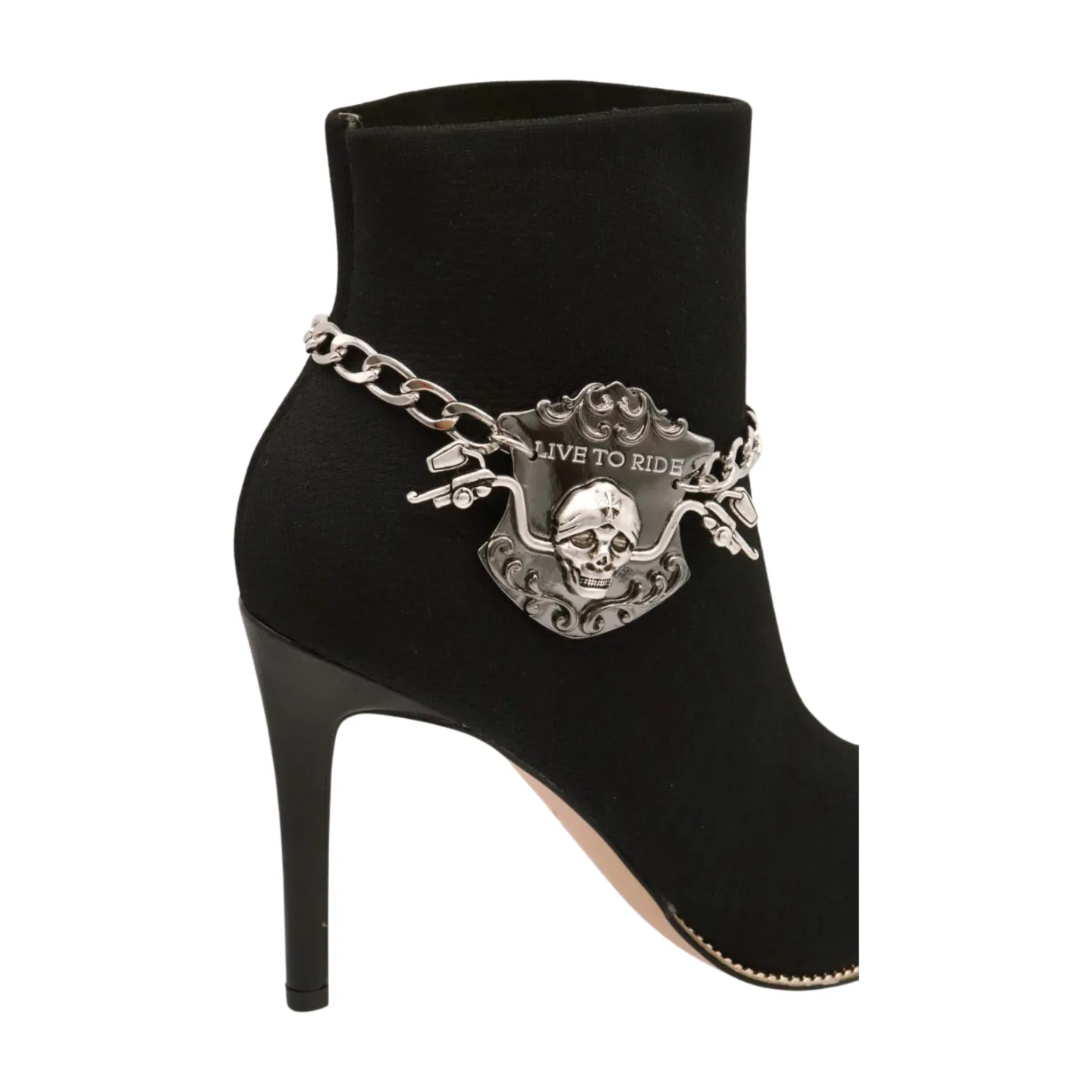 Women Silver Metal Chain Links Boot Bracelet Shoe LIVE TO RIDE Charm