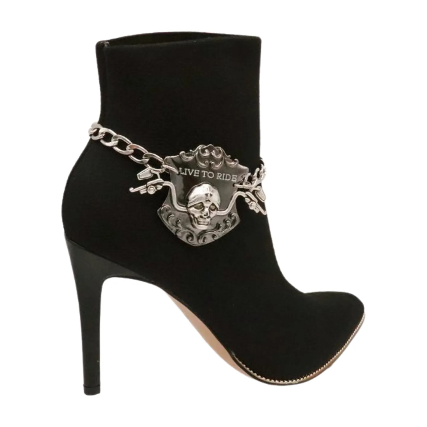 Women Silver Metal Chain Links Boot Bracelet Shoe LIVE TO RIDE Charm