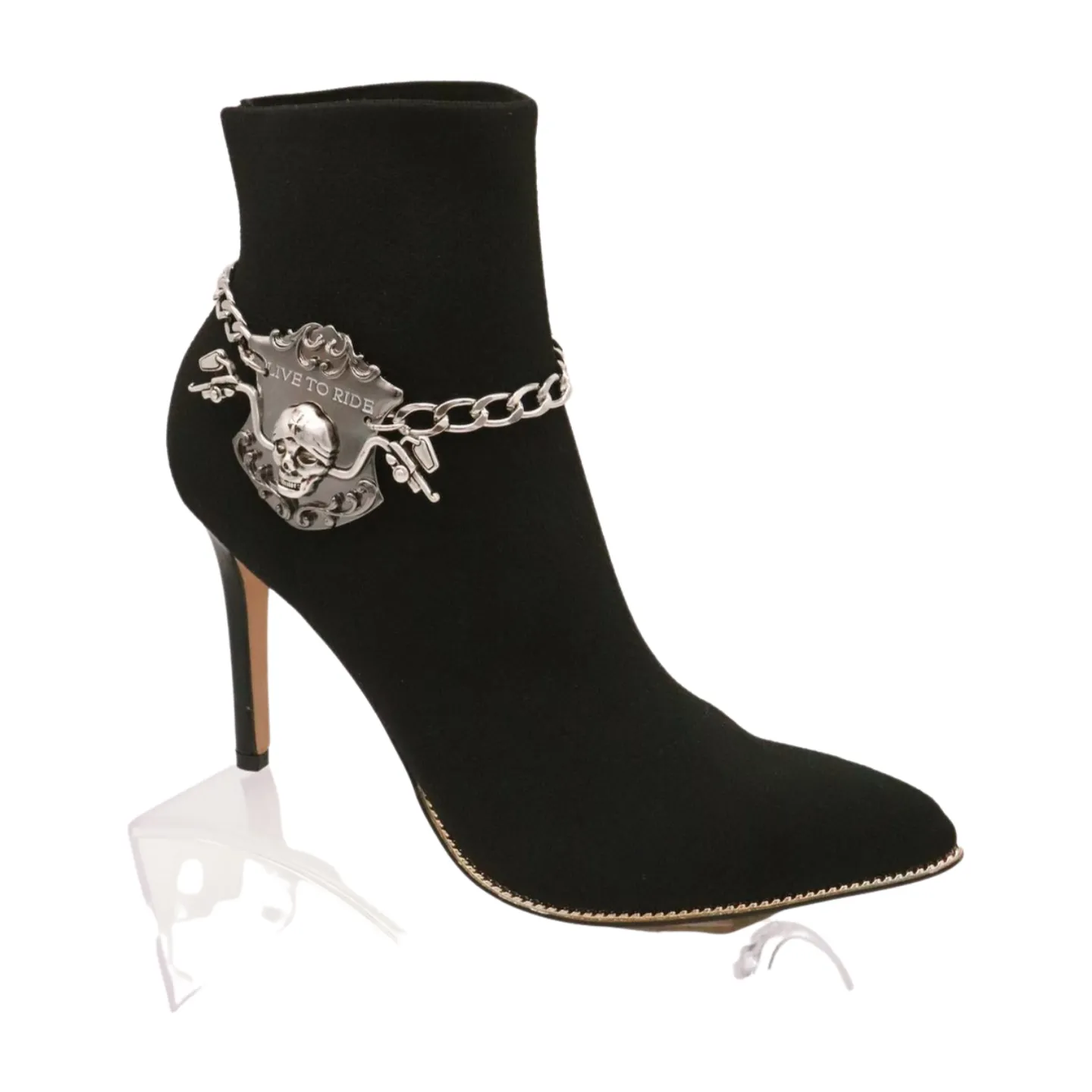 Women Silver Metal Chain Links Boot Bracelet Shoe LIVE TO RIDE Charm