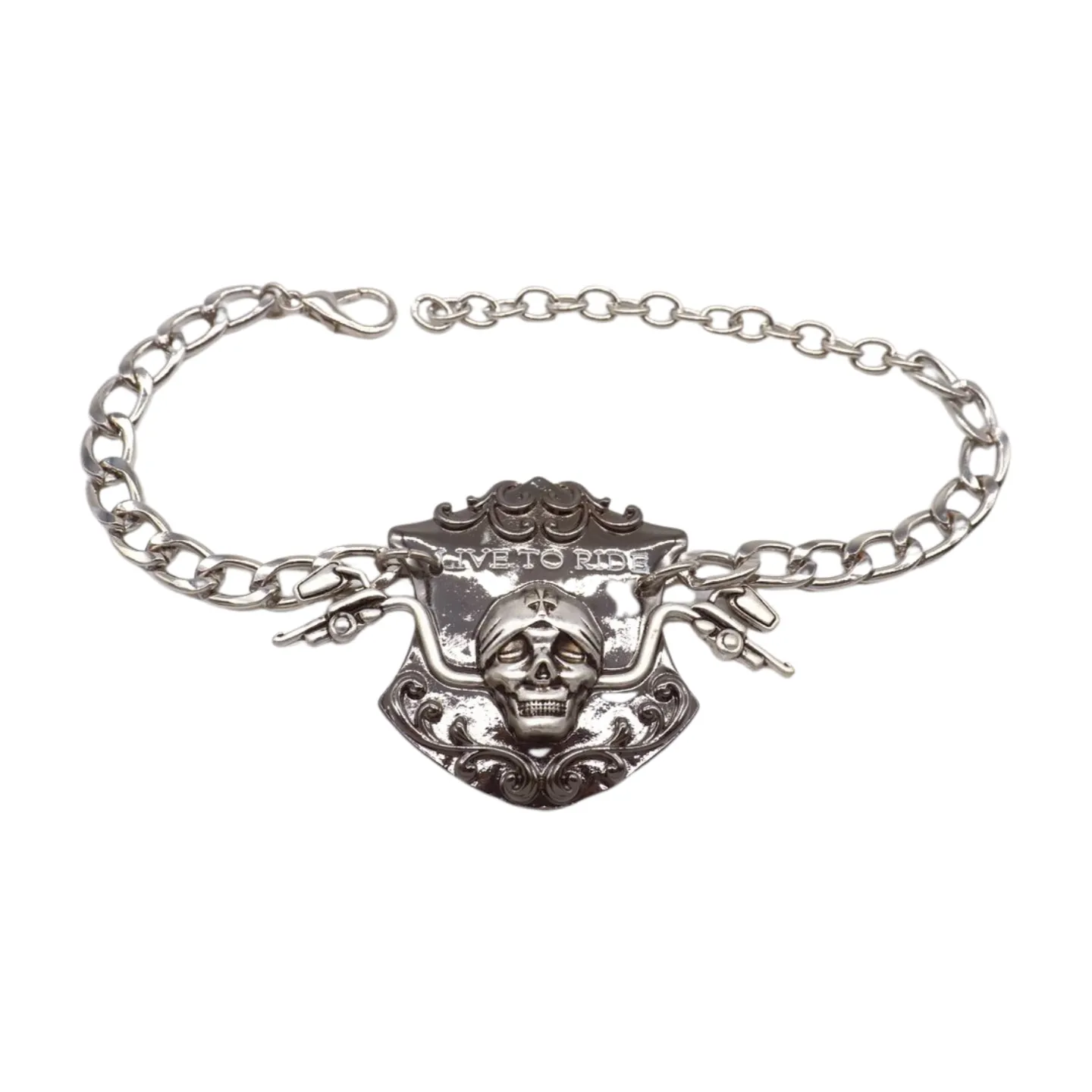 Women Silver Metal Chain Links Boot Bracelet Shoe LIVE TO RIDE Charm
