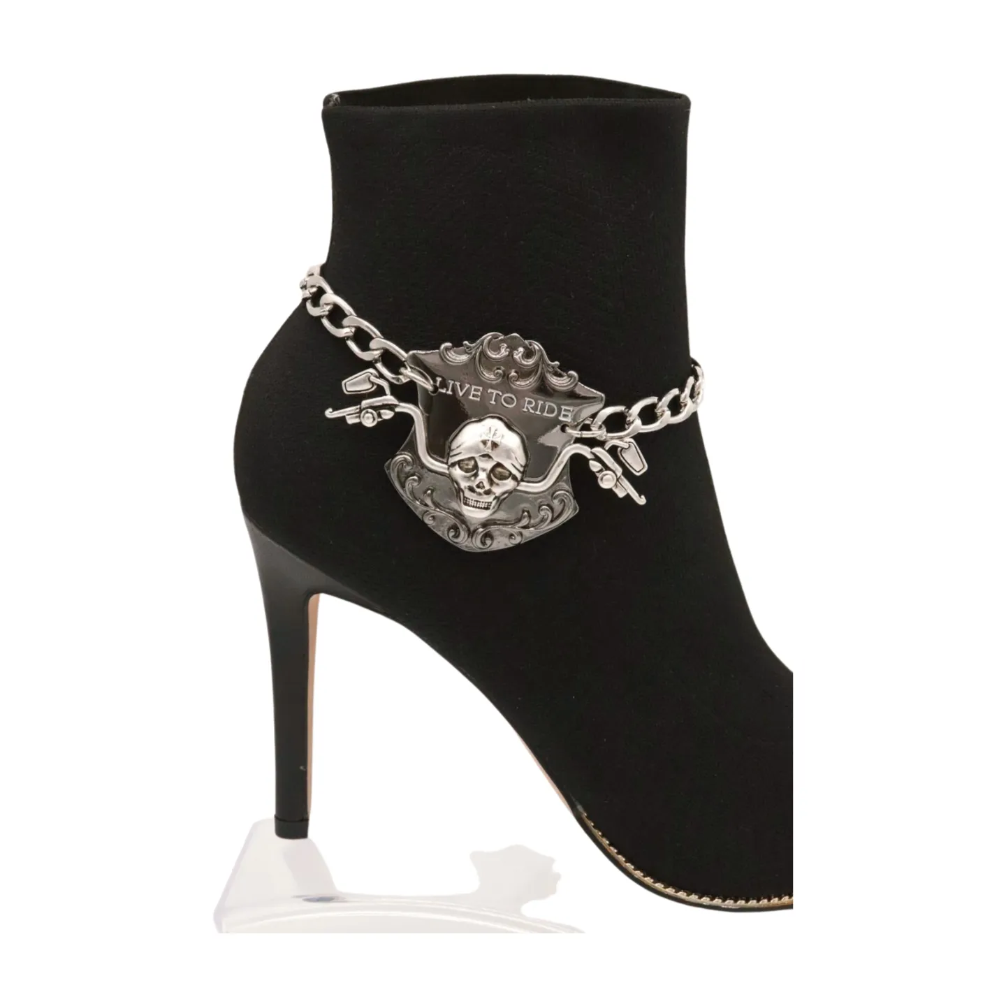 Women Silver Metal Chain Links Boot Bracelet Shoe LIVE TO RIDE Charm