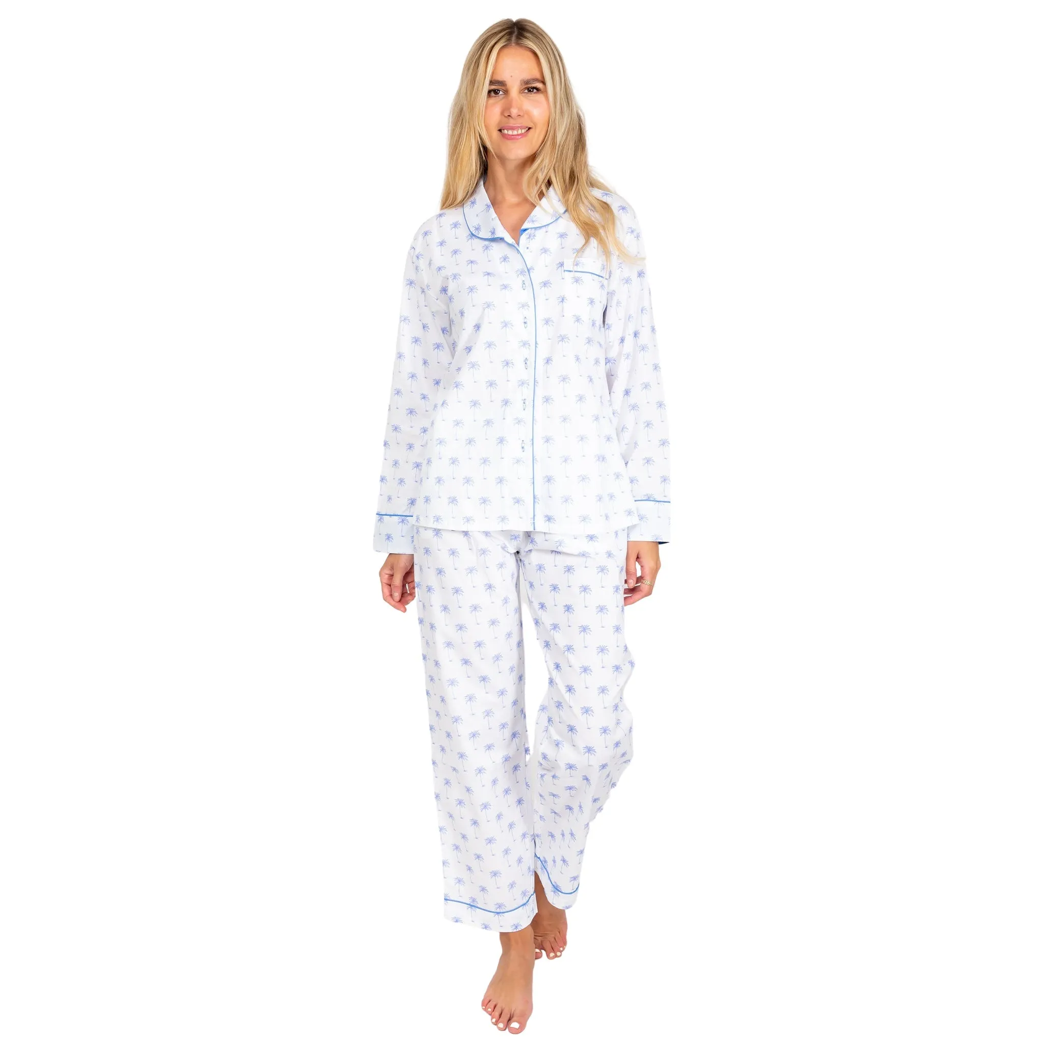 Women's Blue Palm Tree Long PJ Set