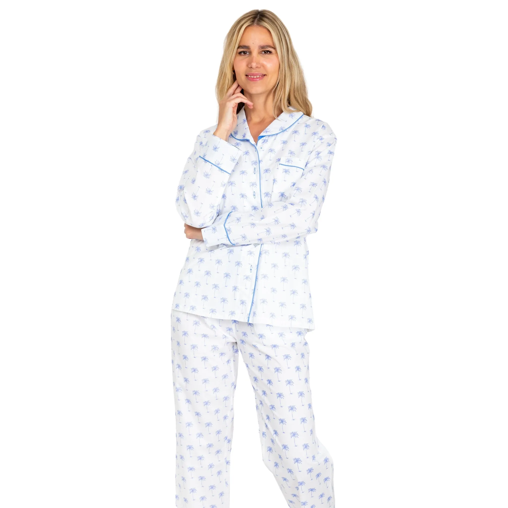 Women's Blue Palm Tree Long PJ Set