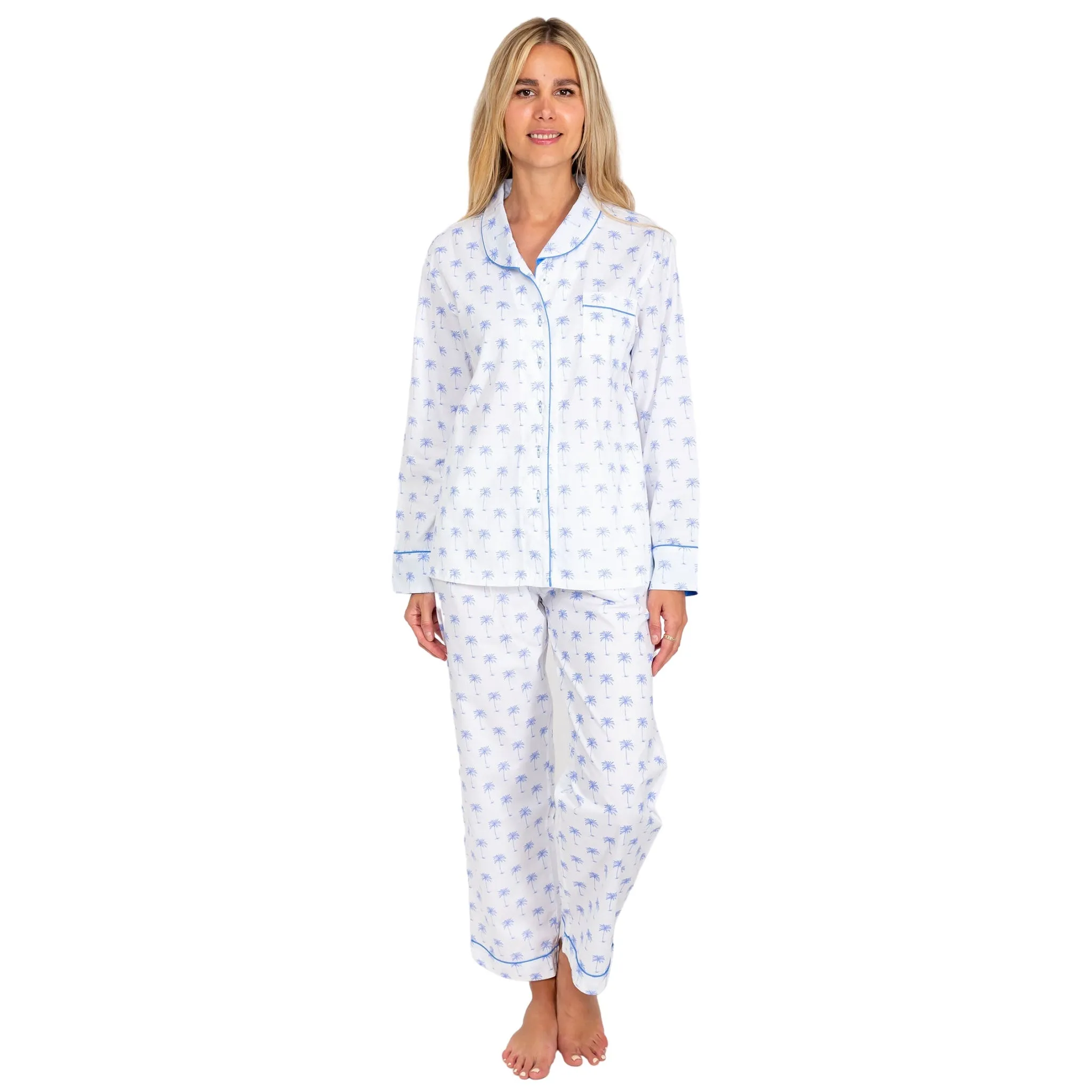 Women's Blue Palm Tree Long PJ Set