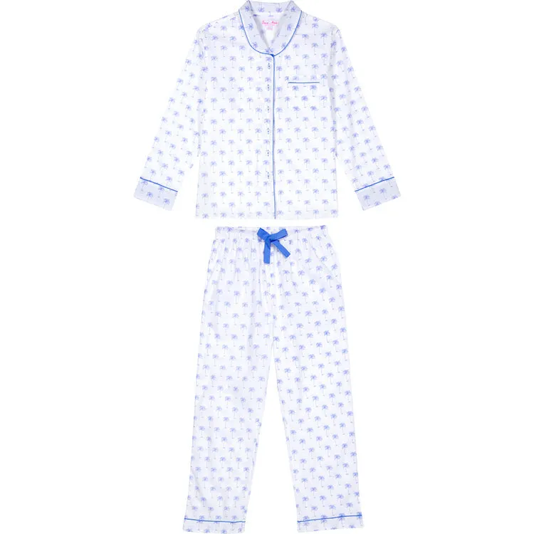 Women's Blue Palm Tree Long PJ Set