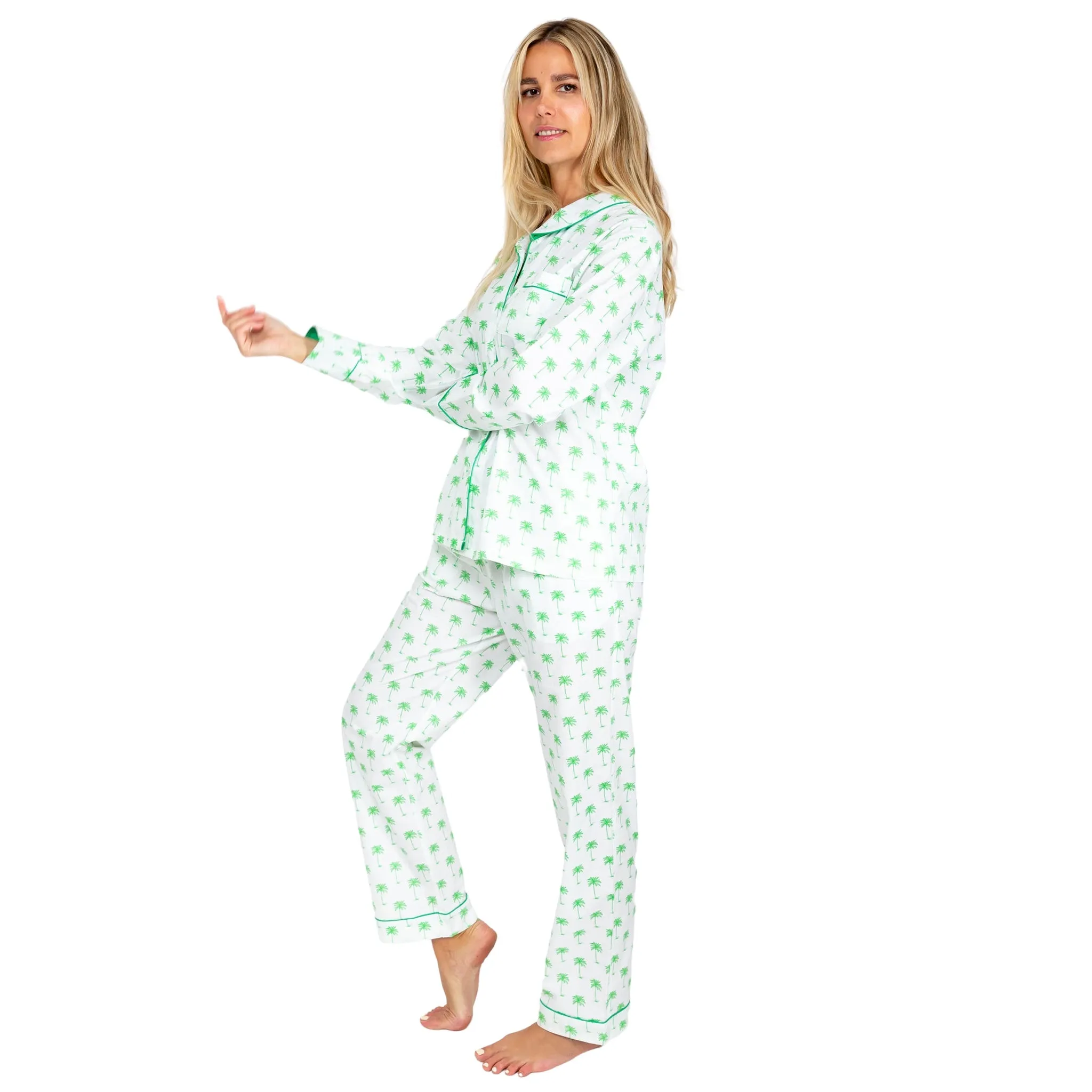 Women's Green Palm Tree Long PJ Set