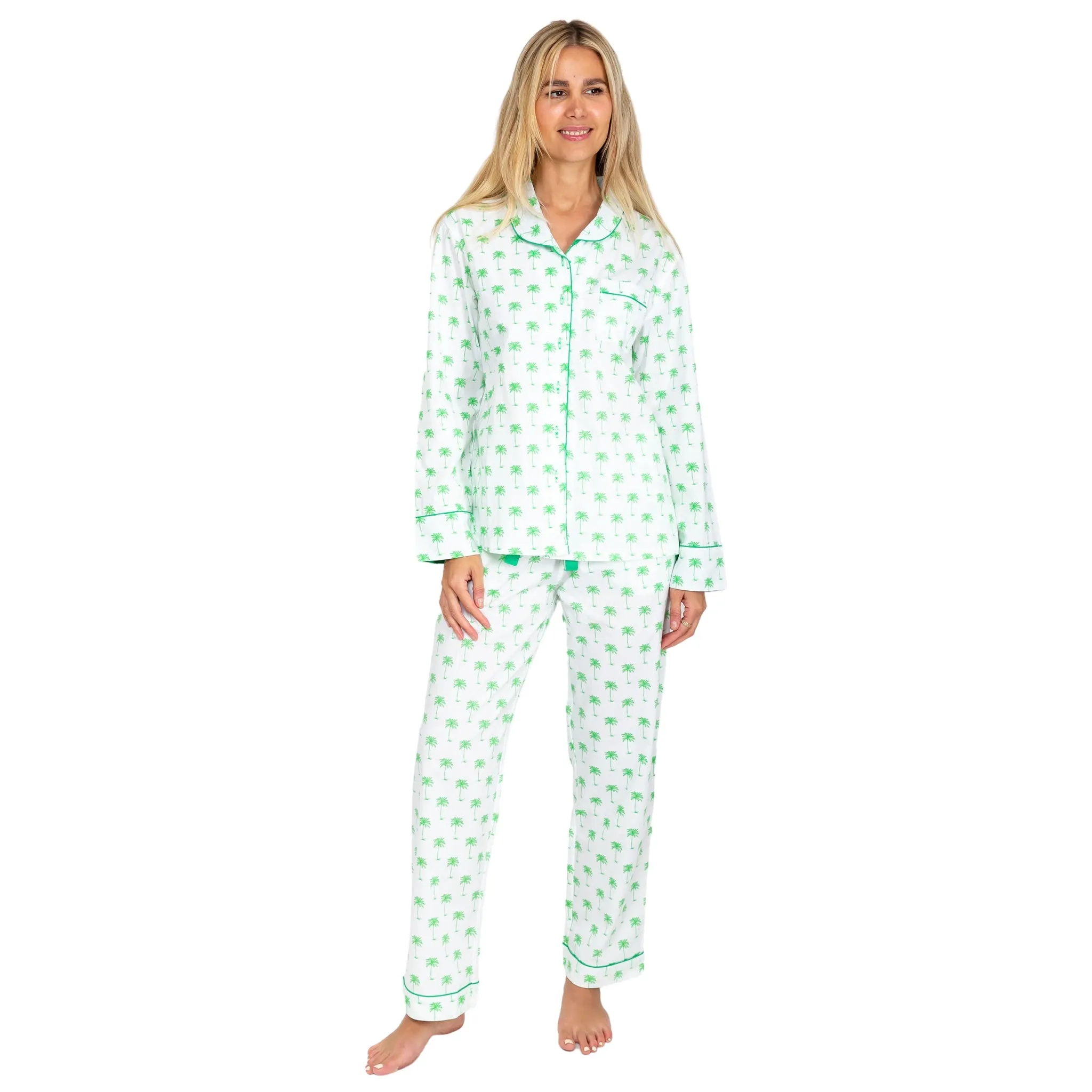 Women's Green Palm Tree Long PJ Set