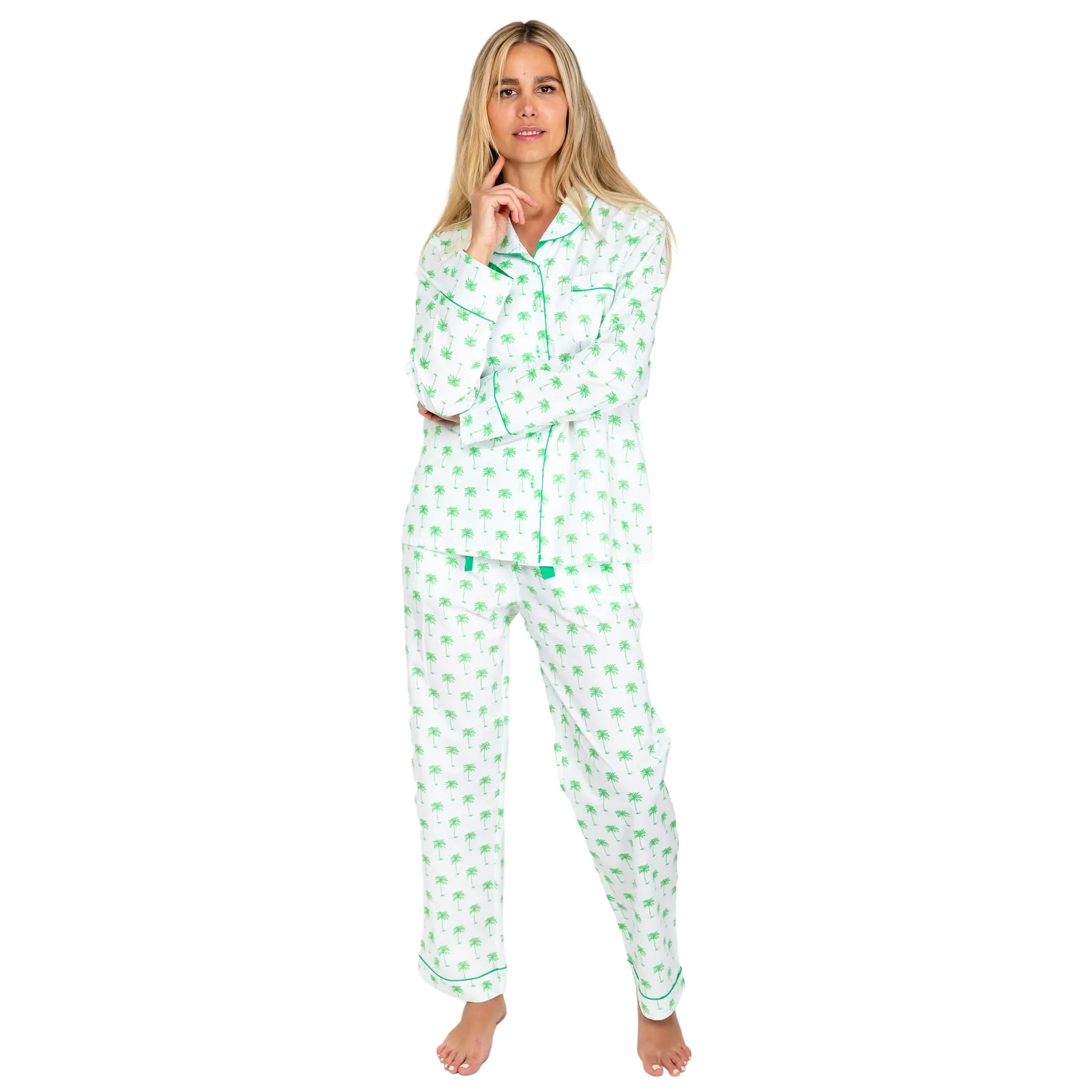 Women's Green Palm Tree Long PJ Set