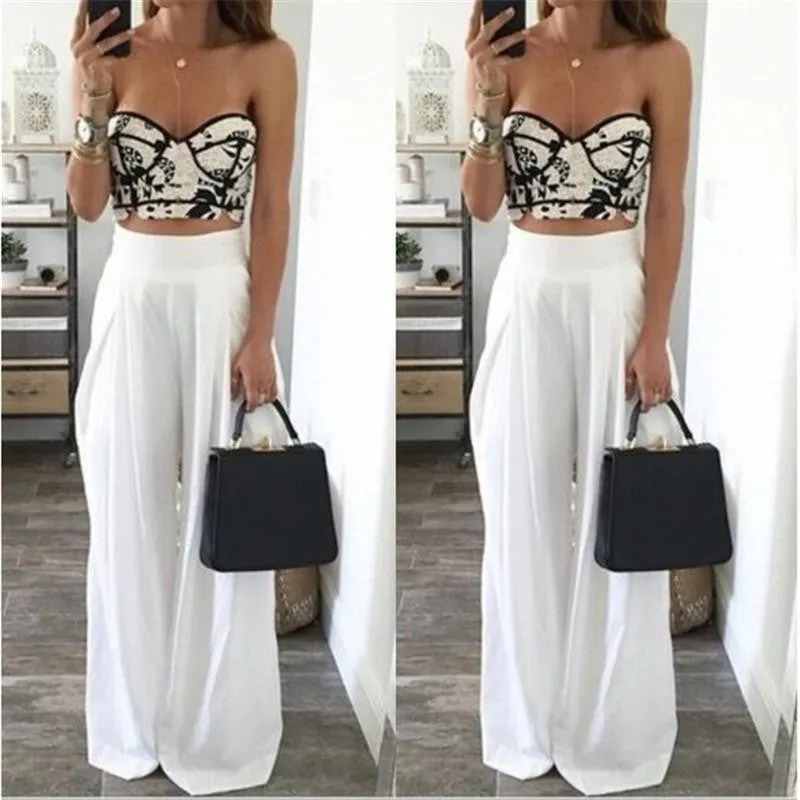Womens High Waist Side Zipper Chiffon Long Wide Leg Pants Casual Beach Party Harem Loose Trousers
