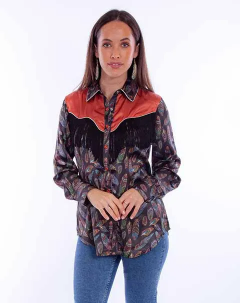 Women's Honey Creek Collection Blouse: Feather Print with Fringe