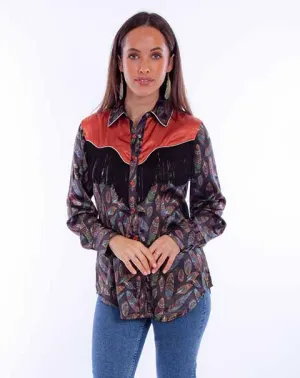 Women's Honey Creek Collection Blouse: Feather Print with Fringe